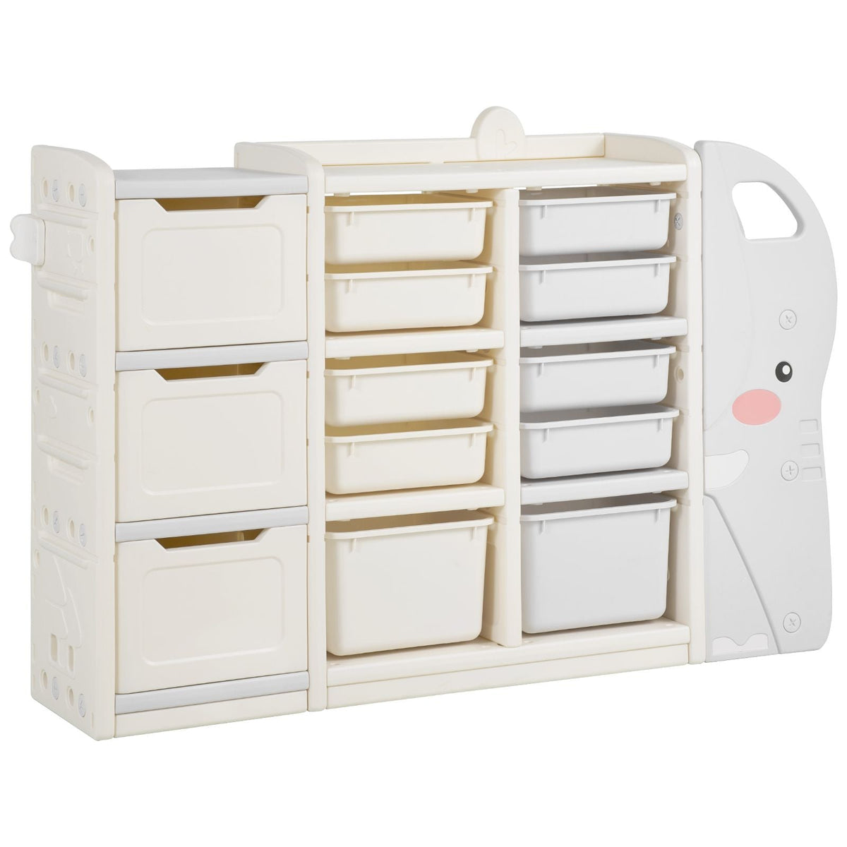 Kids Toy Storage, 4-Tier Elephant-Shape Toy Storage Organizer with 10 Plastic Movable Bins, Kids Cubby Cabinet Made from HDPE for Study Room, Bedroom, Playroom, Classroom, Nursery, Gray + Beige