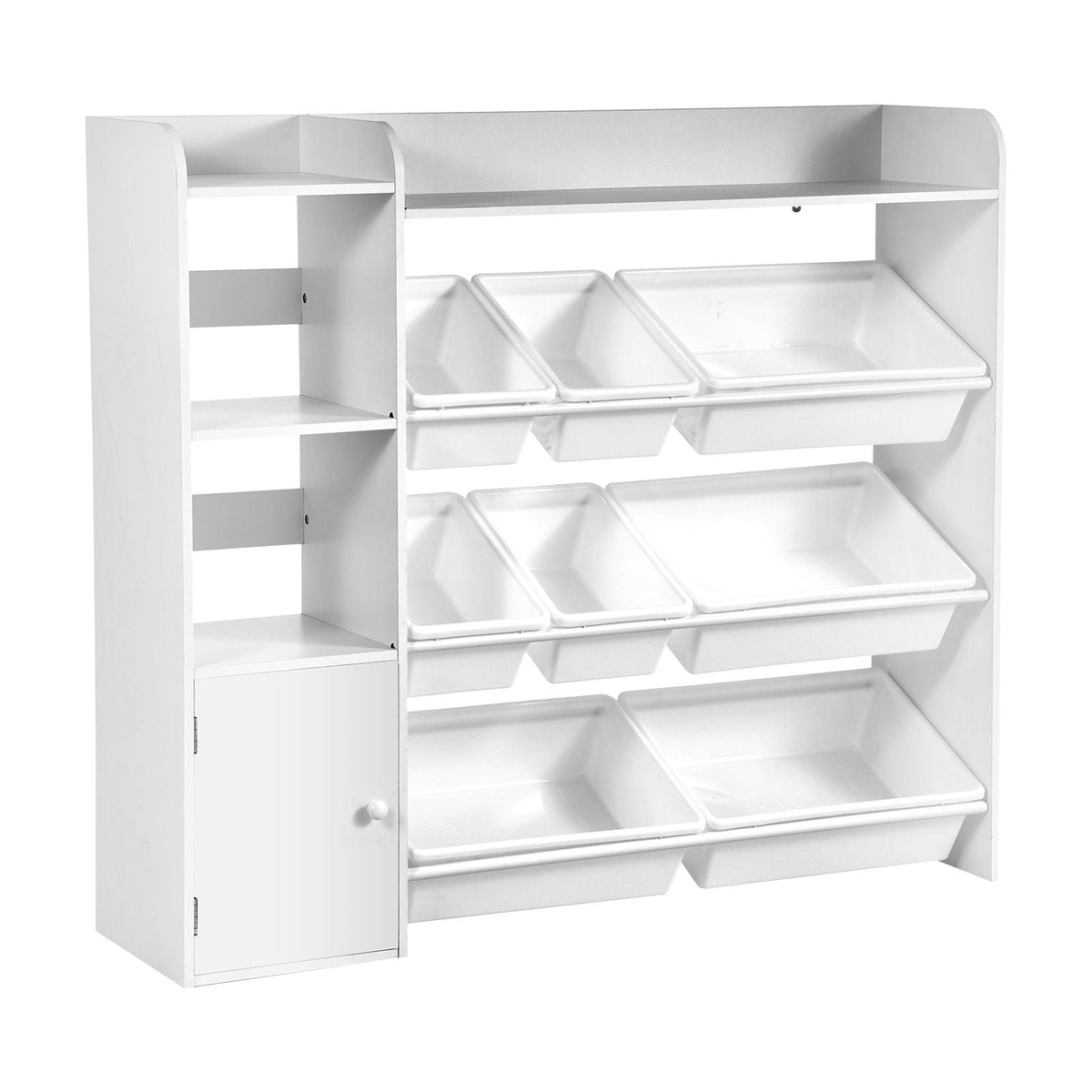 Kids Toy Storage and Bookshelf, 4-Tier Toy Storage Organizer with 8 Flexible Plastic Bins, Kids Cubby Cabinet with Bookshelf for Study Room, Bedroom, Playroom, Classroom, Nursery, White