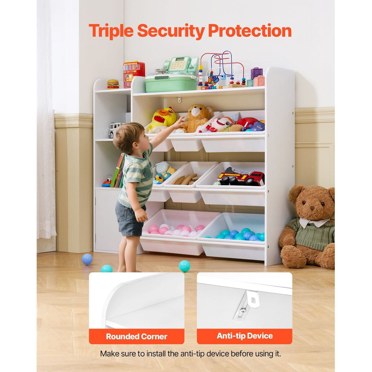 Kids Toy Storage and Bookshelf, 4-Tier Toy Storage Organizer with 8 Flexible Plastic Bins, Kids Cubby Cabinet with Bookshelf for Study Room, Bedroom, Playroom, Classroom, Nursery, White