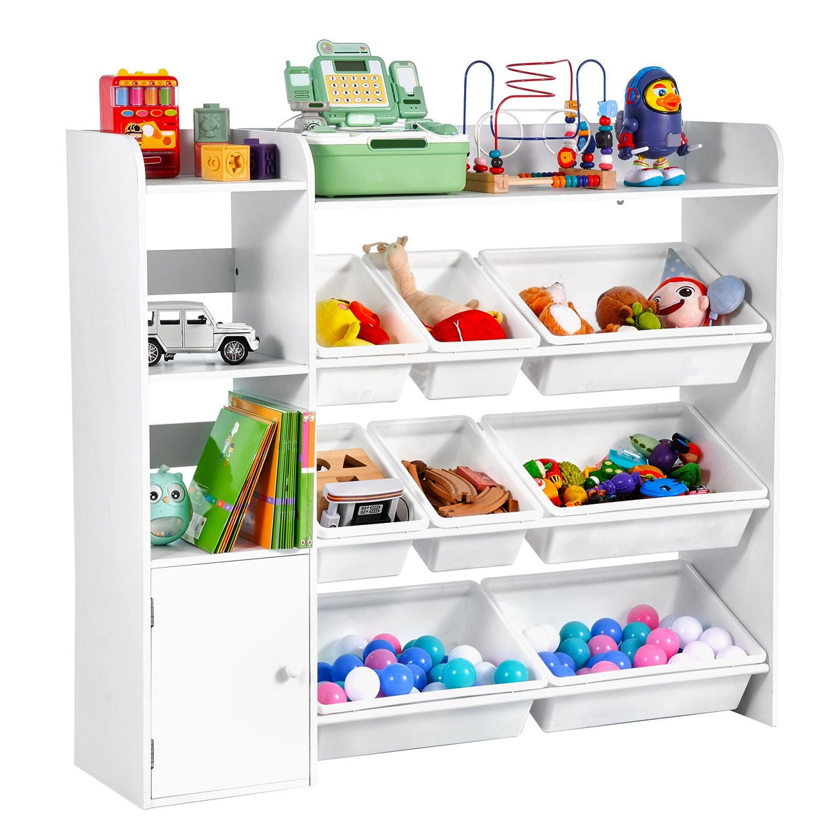 Kids Toy Storage and Bookshelf, 4-Tier Toy Storage Organizer with 8 Flexible Plastic Bins, Kids Cubby Cabinet with Bookshelf for Study Room, Bedroom, Playroom, Classroom, Nursery, White