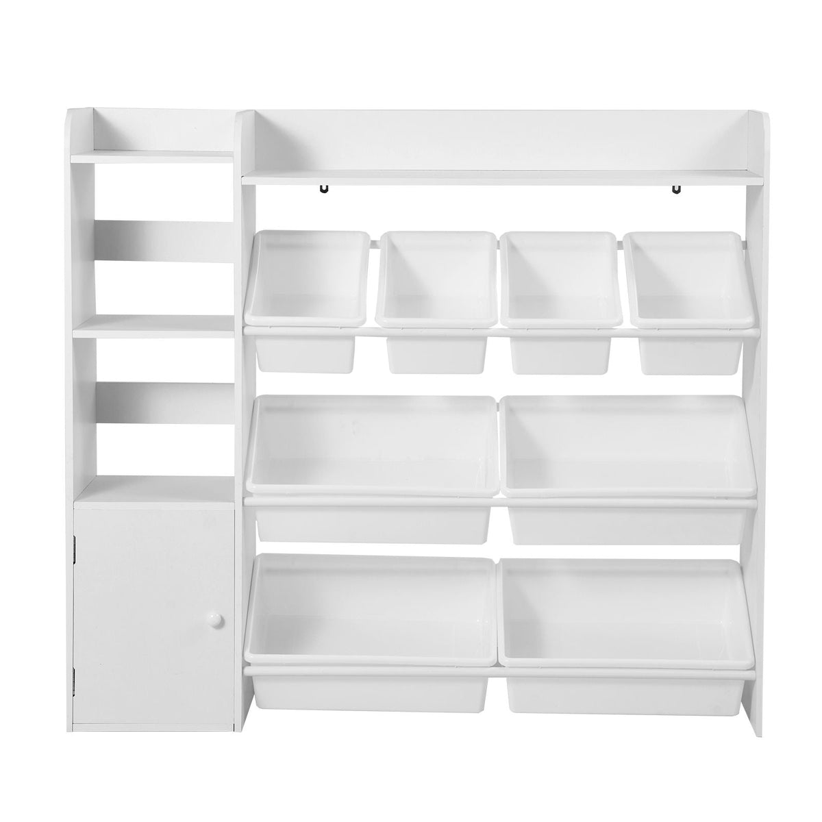 Kids Toy Storage and Bookshelf, 4-Tier Toy Storage Organizer with 8 Flexible Plastic Bins, Kids Cubby Cabinet with Bookshelf for Study Room, Bedroom, Playroom, Classroom, Nursery, White