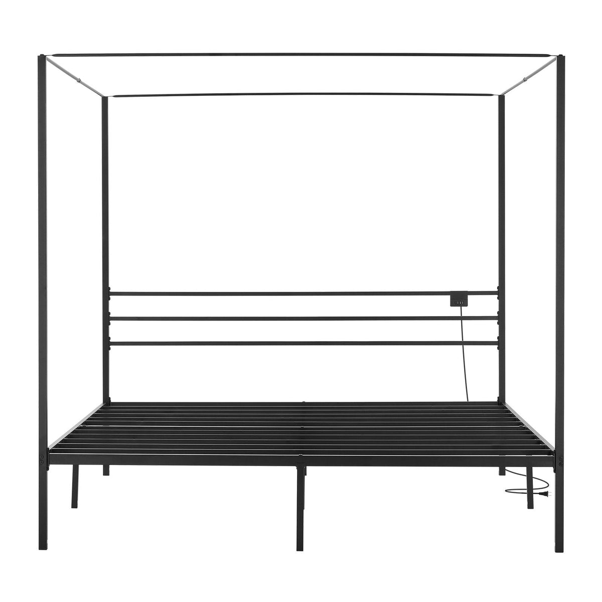 King Size Canopy Bed Frame, Metal Canopy Bed with Charging Station and Four Posters Design, Heavy Duty Steel Slats Support, Underbed Storage Space, No Box Spring Needed, Easy Assembly, Black
