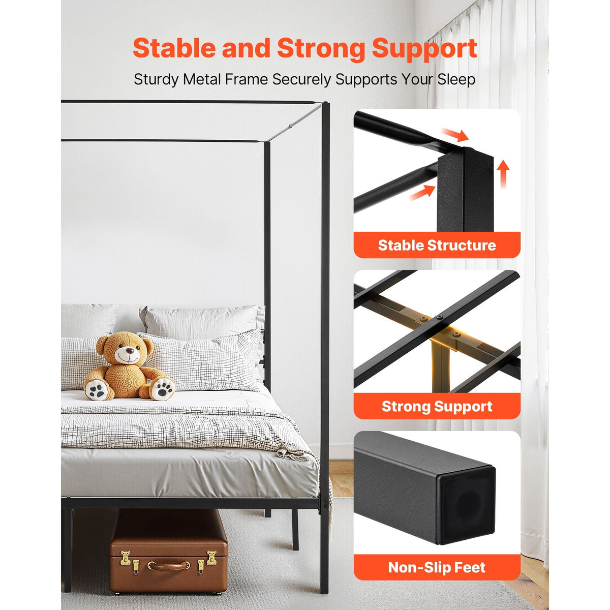 King Size Canopy Bed Frame, Metal Canopy Bed with Charging Station and Four Posters Design, Heavy Duty Steel Slats Support, Underbed Storage Space, No Box Spring Needed, Easy Assembly, Black