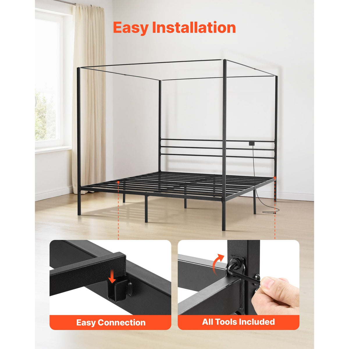King Size Canopy Bed Frame, Metal Canopy Bed with Charging Station and Four Posters Design, Heavy Duty Steel Slats Support, Underbed Storage Space, No Box Spring Needed, Easy Assembly, Black