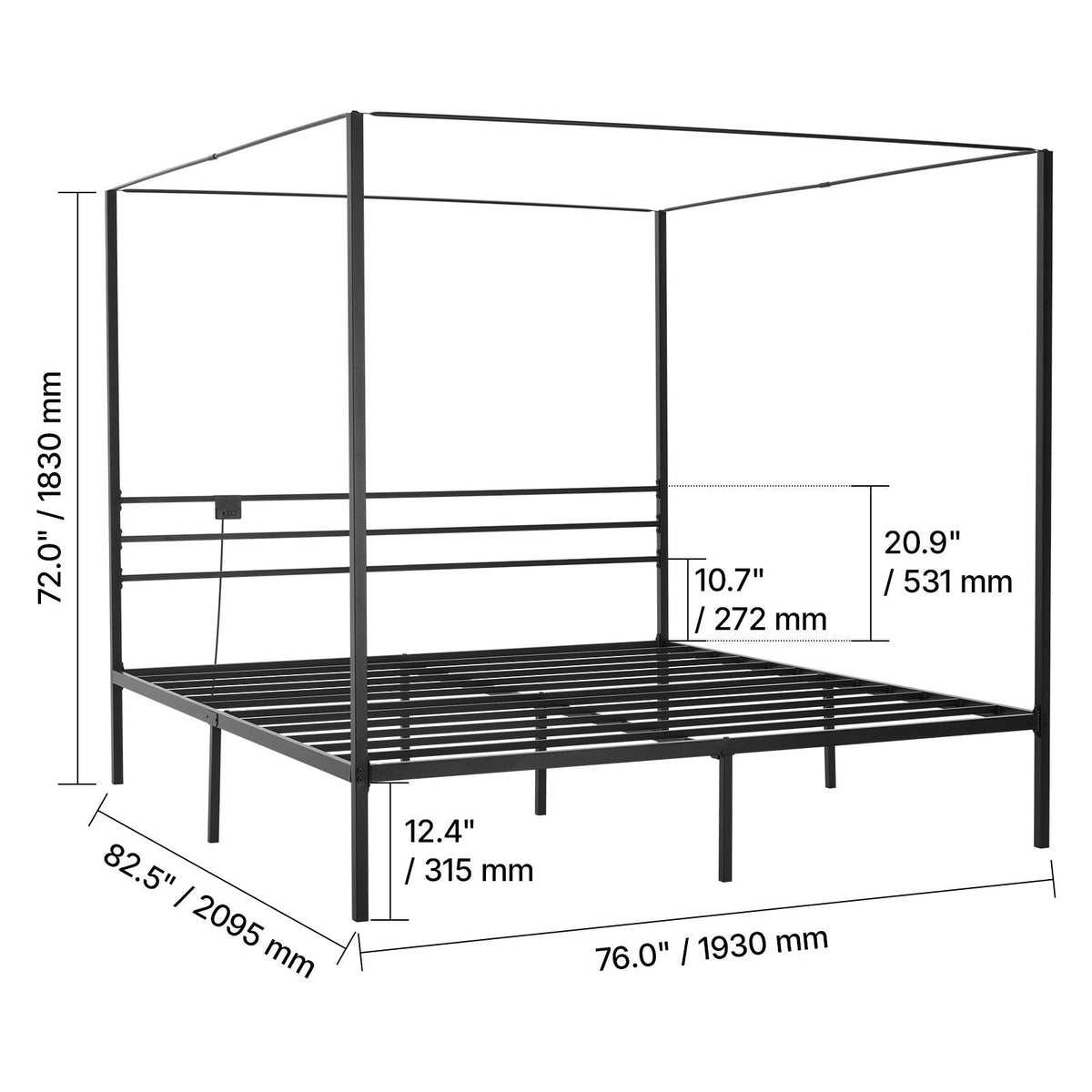 King Size Canopy Bed Frame, Metal Canopy Bed with Charging Station and Four Posters Design, Heavy Duty Steel Slats Support, Underbed Storage Space, No Box Spring Needed, Easy Assembly, Black