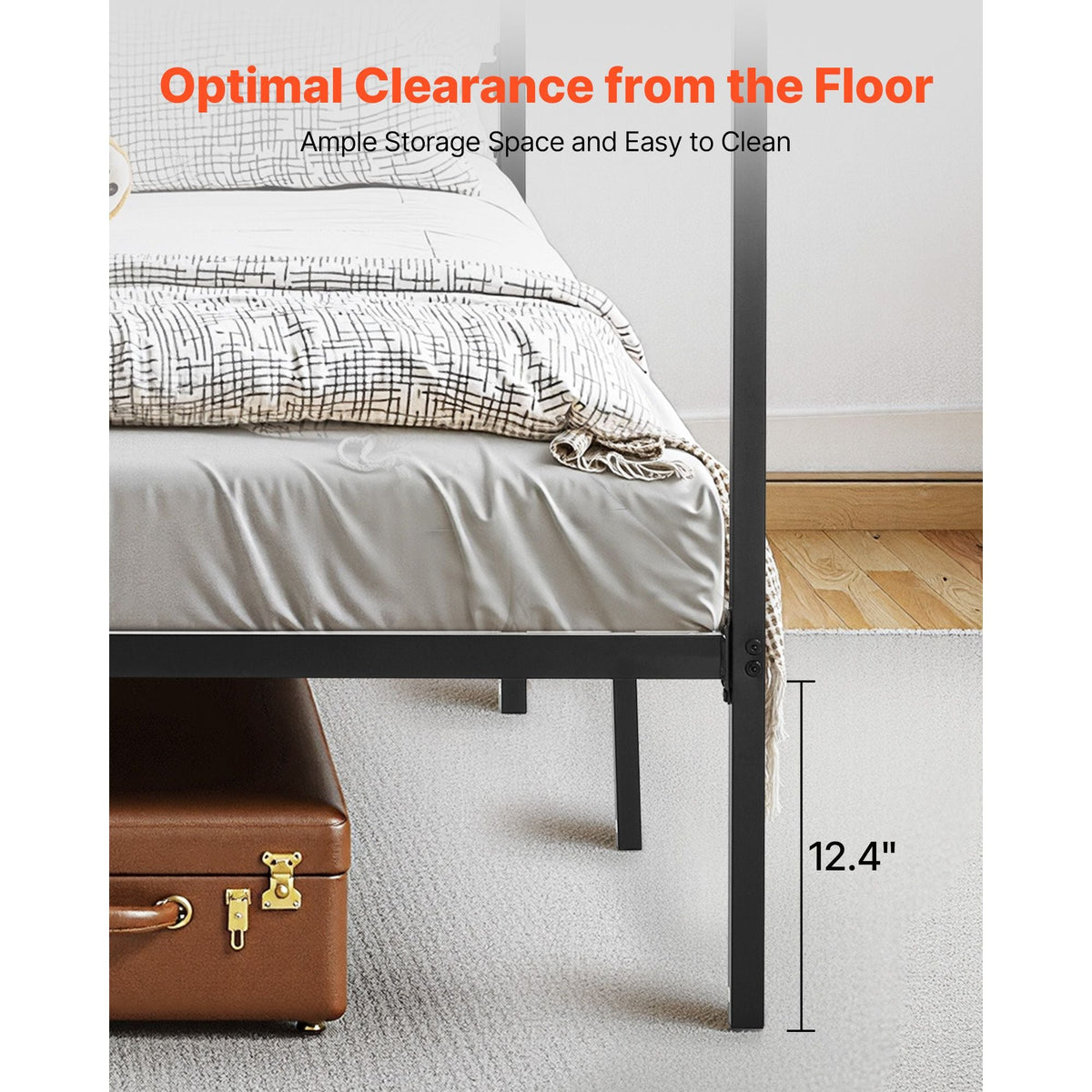 King Size Canopy Bed Frame, Metal Canopy Bed with Charging Station and Four Posters Design, Heavy Duty Steel Slats Support, Underbed Storage Space, No Box Spring Needed, Easy Assembly, Black