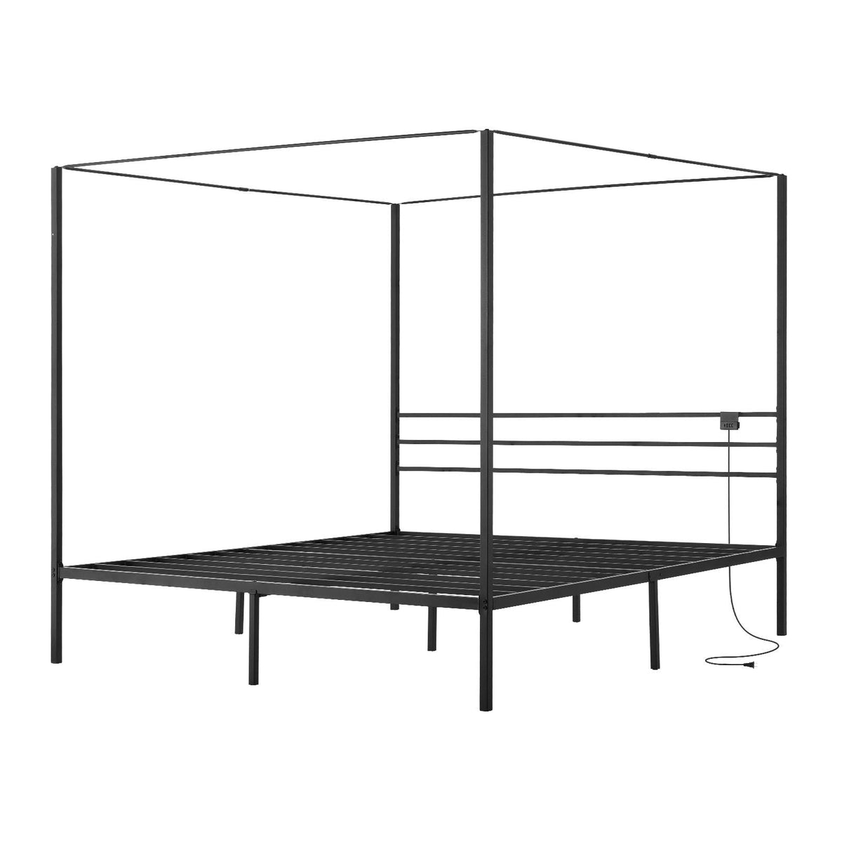 King Size Canopy Bed Frame, Metal Canopy Bed with Charging Station and Four Posters Design, Heavy Duty Steel Slats Support, Underbed Storage Space, No Box Spring Needed, Easy Assembly, Black
