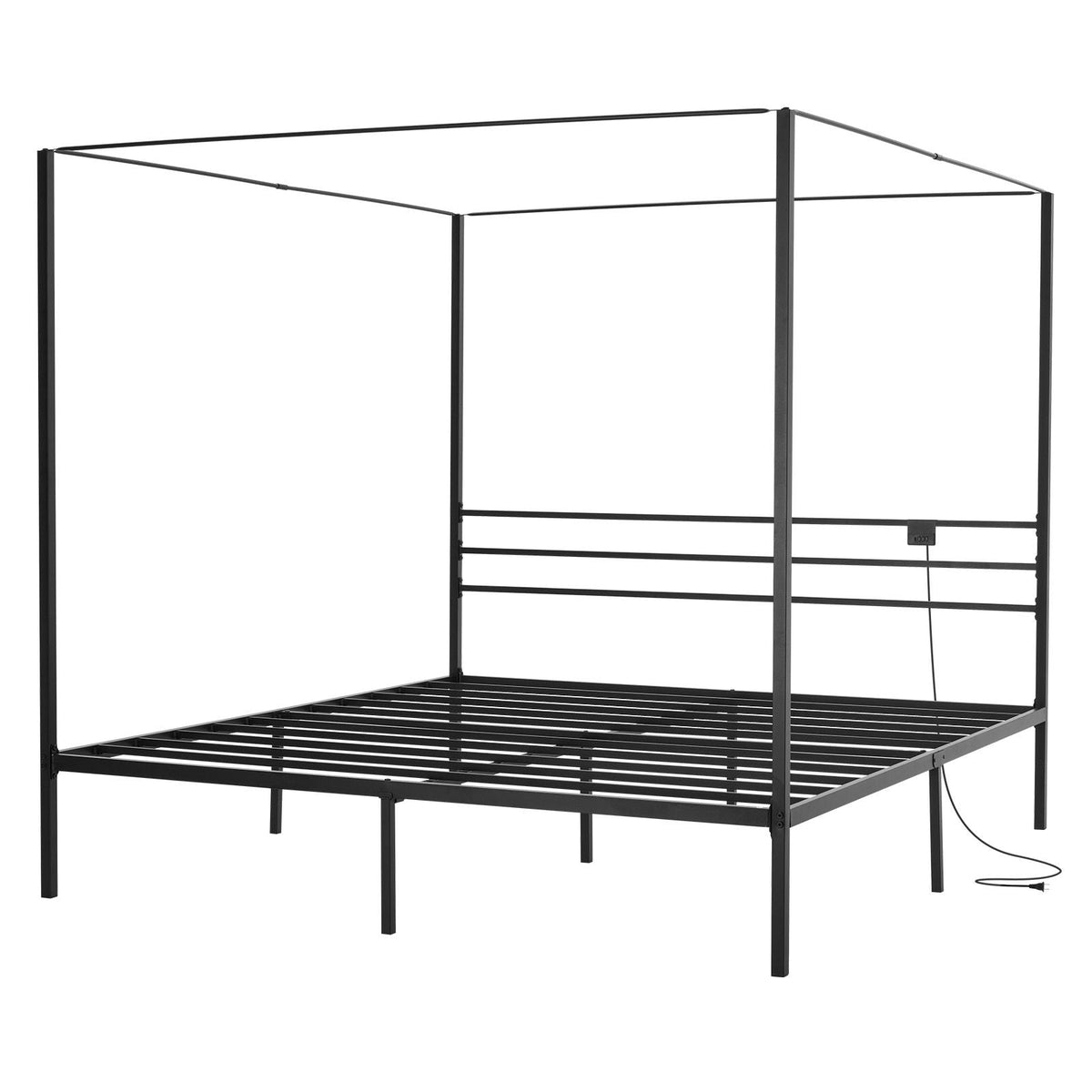 King Size Canopy Bed Frame, Metal Canopy Bed with Charging Station and Four Posters Design, Heavy Duty Steel Slats Support, Underbed Storage Space, No Box Spring Needed, Easy Assembly, Black