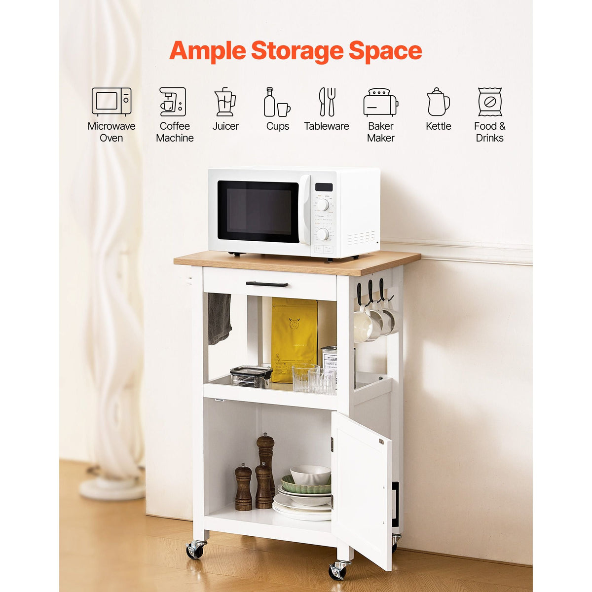 Kitchen Island Cart with Single Door Cabinet, Mobile Carts with Drawer, Towel Rack, Hooks, Portable Table on Swivel Wheels, Small Coffee Islands Microwave Stand for Dining Room, 18x23 in, White