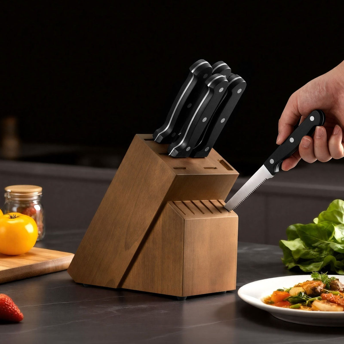 Kitchen Knife Set with Block and Sharpener, 15 Piece German High Carbon Stainless Steel Knife Set, Kitchen Cutlery with ABS Ergonomic Handle, Sharpening Rod and Wooden Block, for Home Cooks