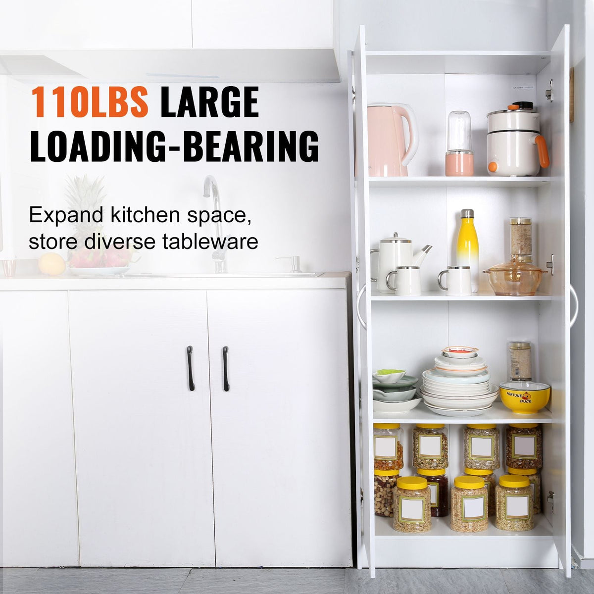Kitchen Pantry Cabinet, 60" Tall Food Pantry Storage Cabinet, 110LBS Freestanding Storage Cabinet Cupboard with 3 Shelves(2 Adjustable), Engineered Wood Utility Pantry for Kitchen, Dining Room