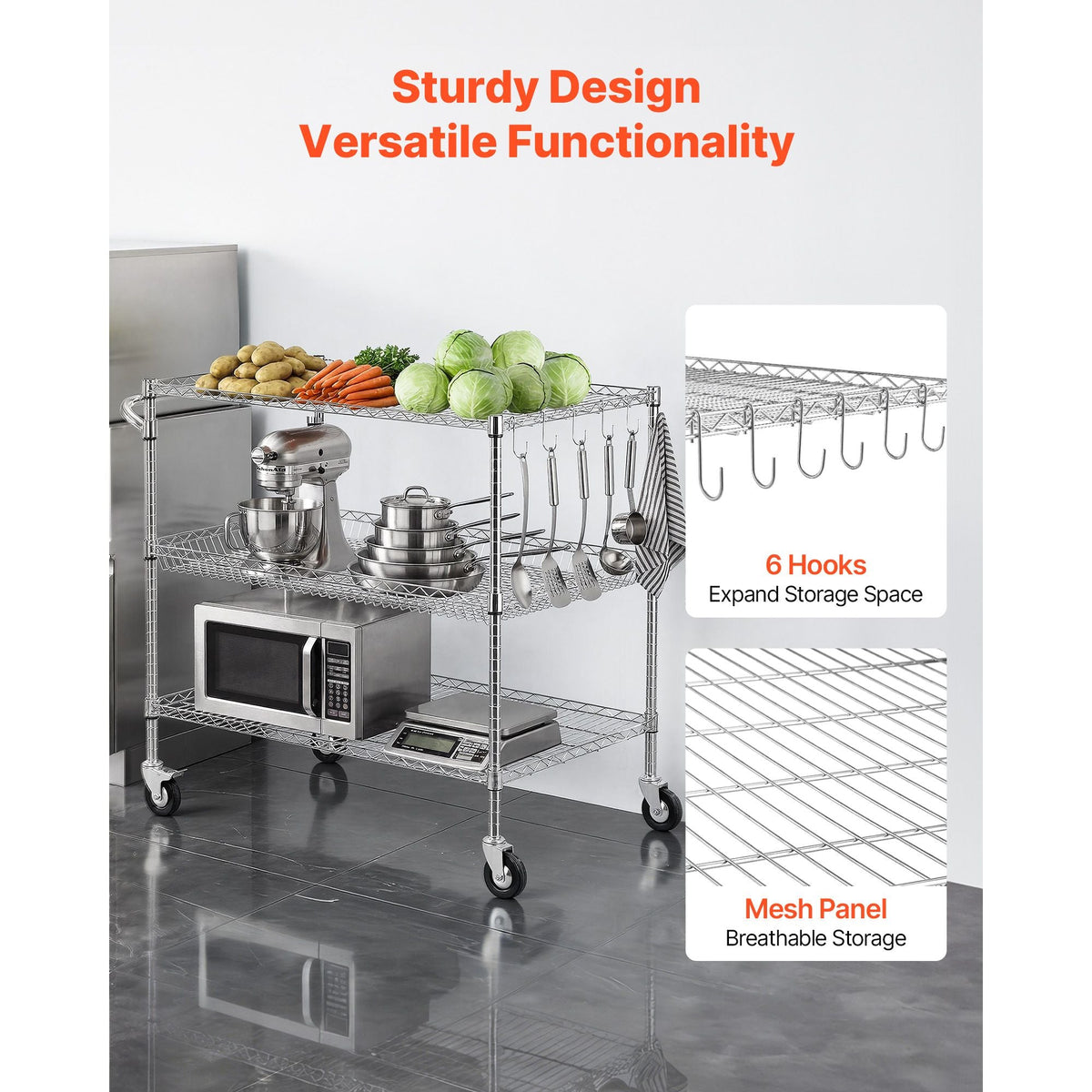 Kitchen Utility Cart, 3 Tier Heavy Duty Adjustable Wire Storage Rack, Commercial Steel Rolling Service Trolley on Wheels, Work Table with Handle Bar, for Garage and Laundry Room, 40x25x40.9 in
