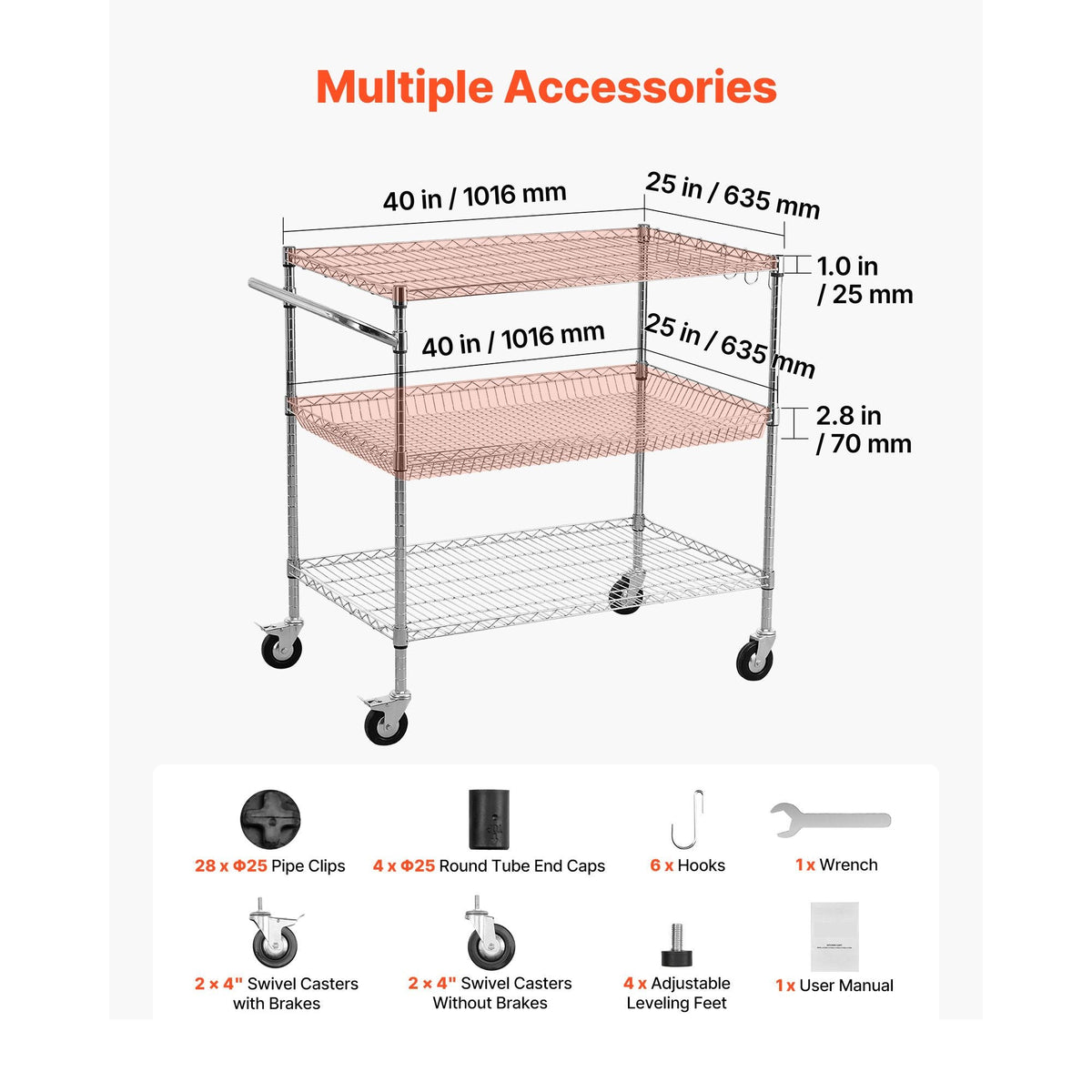 Kitchen Utility Cart, 3 Tier Heavy Duty Adjustable Wire Storage Rack, Commercial Steel Rolling Service Trolley on Wheels, Work Table with Handle Bar, for Garage and Laundry Room, 40x25x40.9 in
