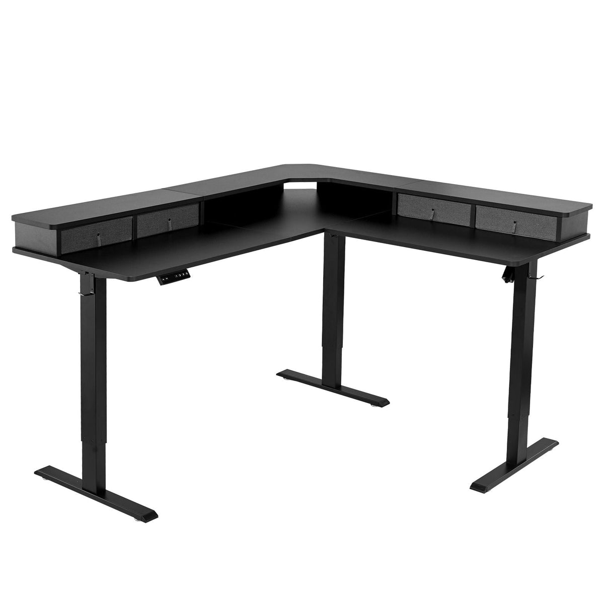 L Shaped Desk, Electric Adjustable Height Corner Gaming Desk with CPU Stands, Dual Hooks and Fabric Drawers, L-Shaped Computer Table with Power Strip for Home Office, Easy to Assemble, Black
