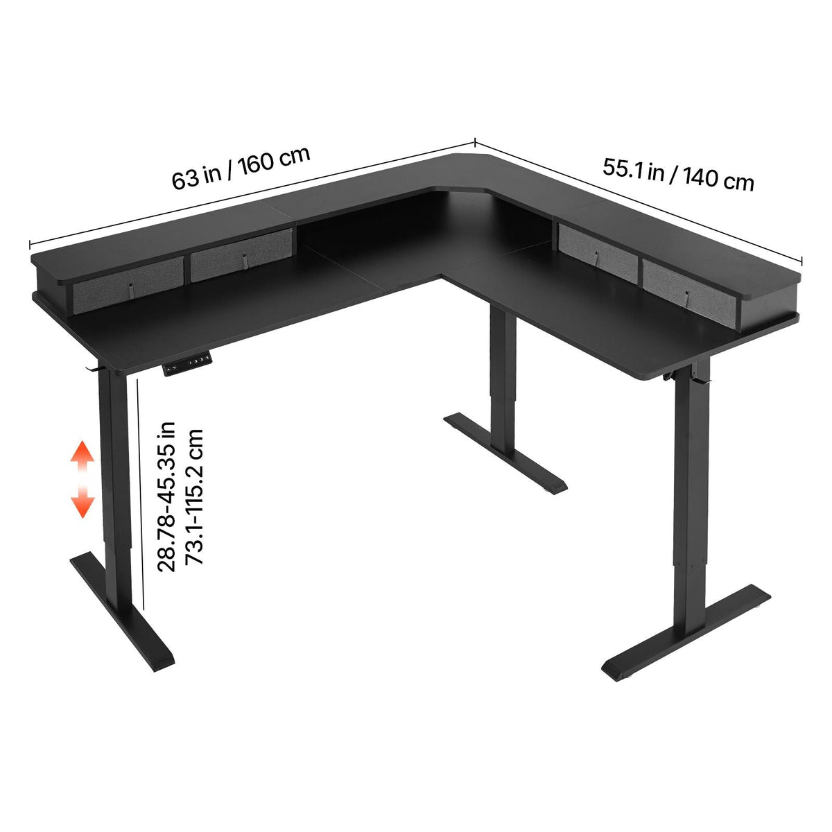 L Shaped Desk, Electric Adjustable Height Corner Gaming Desk with CPU Stands, Dual Hooks and Fabric Drawers, L-Shaped Computer Table with Power Strip for Home Office, Easy to Assemble, Black