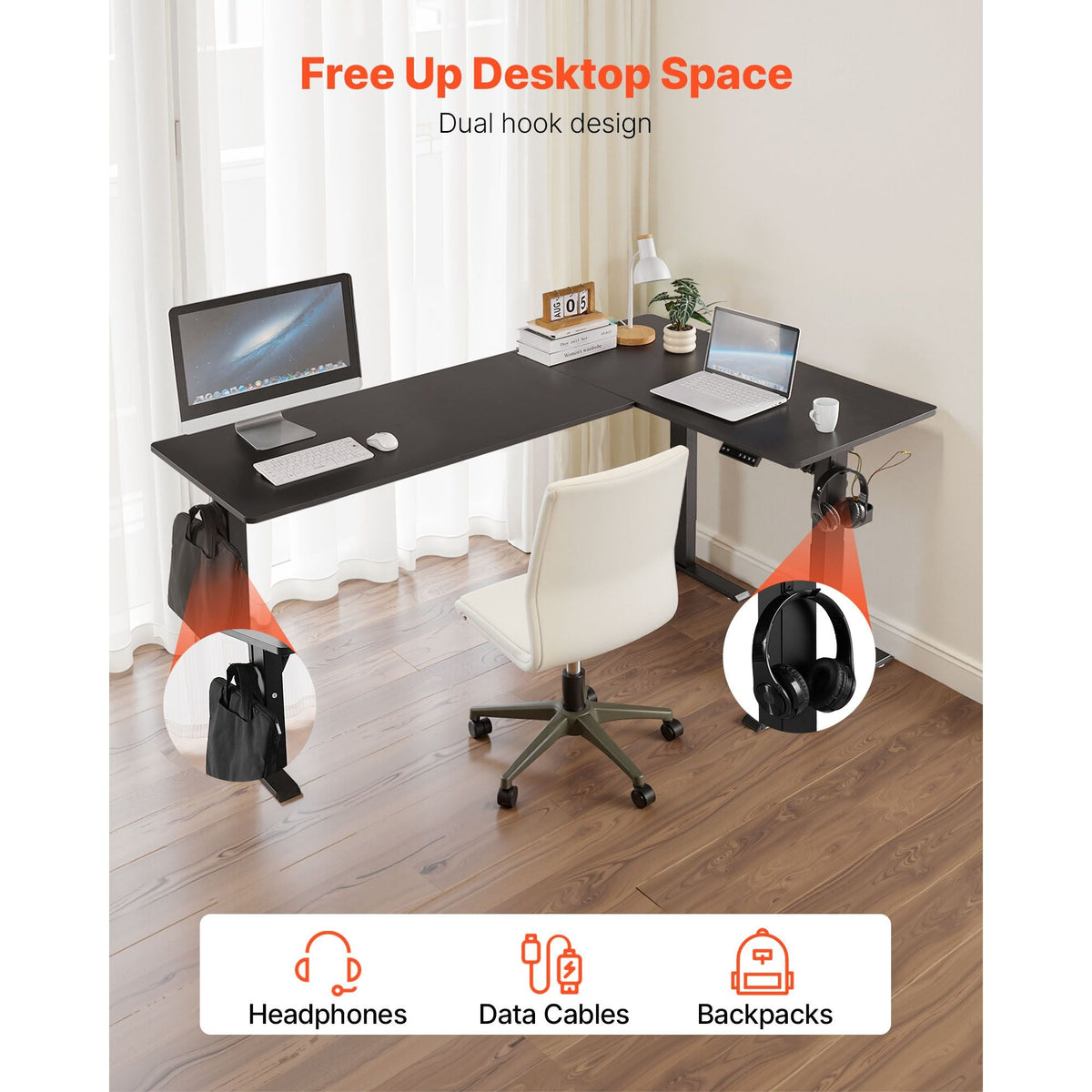 L Shaped Desk, Electric Adjustable Height Corner Gaming Desk with Dual Hooks, Heavy Duty Carbon Steel L-Shaped Computer Table with Power Outlets for Home and Office, Easy to Assemble, Black