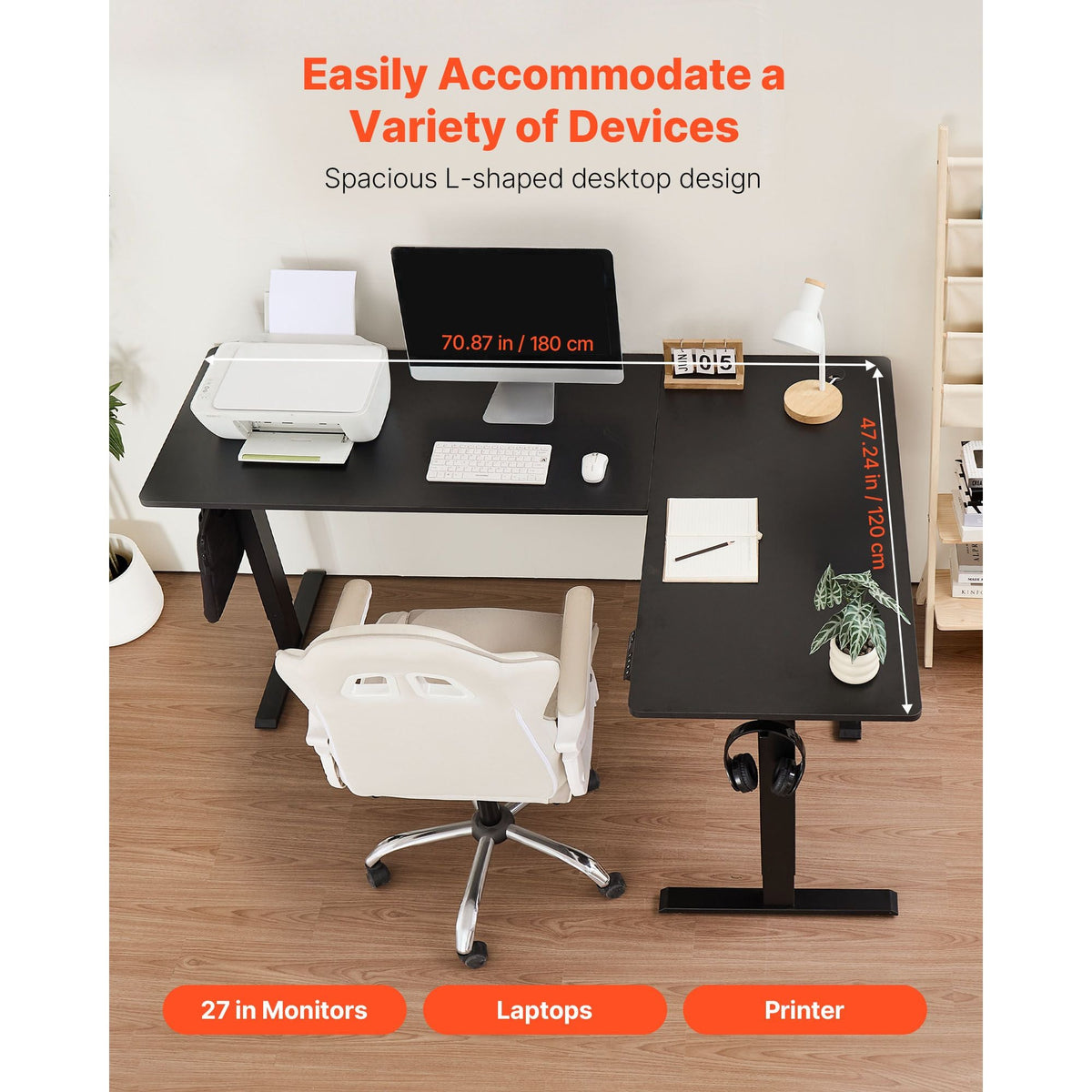 L Shaped Desk, Electric Adjustable Height Corner Gaming Desk with Dual Hooks, Heavy Duty Carbon Steel L-Shaped Computer Table with Power Outlets for Home and Office, Easy to Assemble, Black