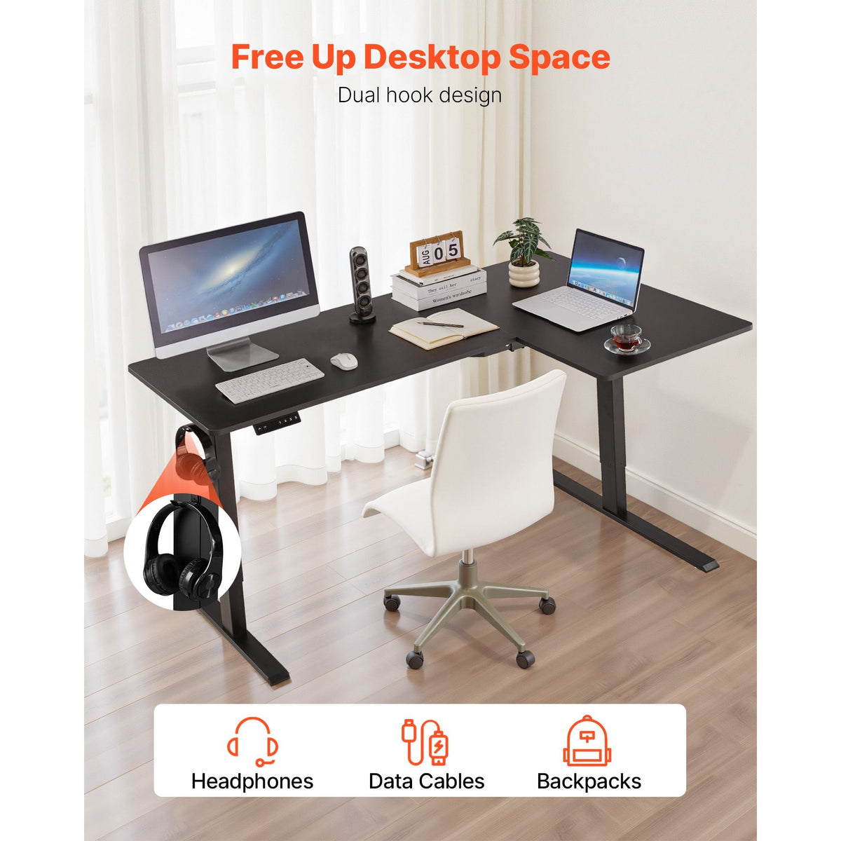 L Shaped Desk, Electric Adjustable Height Corner Gaming Desk with Dual Hooks, Heavy Duty Carbon Steel L-Shaped Computer Table with Power Strip for Home, Office, Dorm, Easy to Assemble, Black
