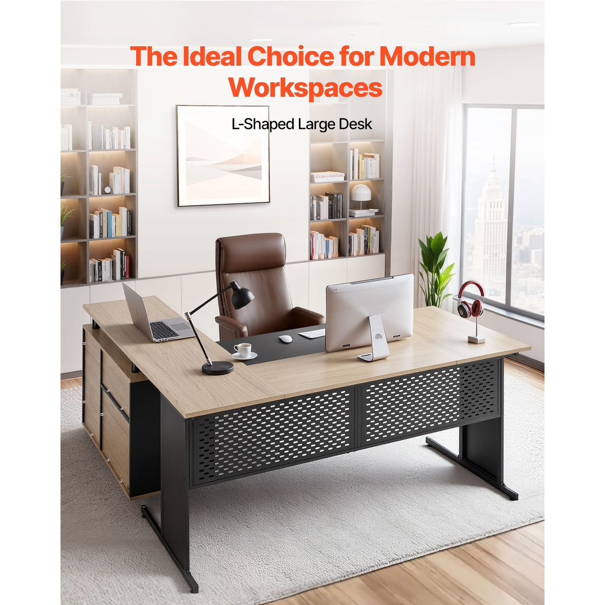 L-Shaped Executive Desk, Modern Reversible Office Table with Drawers & Storage Cabinet, Heavy Duty Large Wooden Executive Table, 350 LBS Load Capacity, Easy Assembly, for Work Study Writing