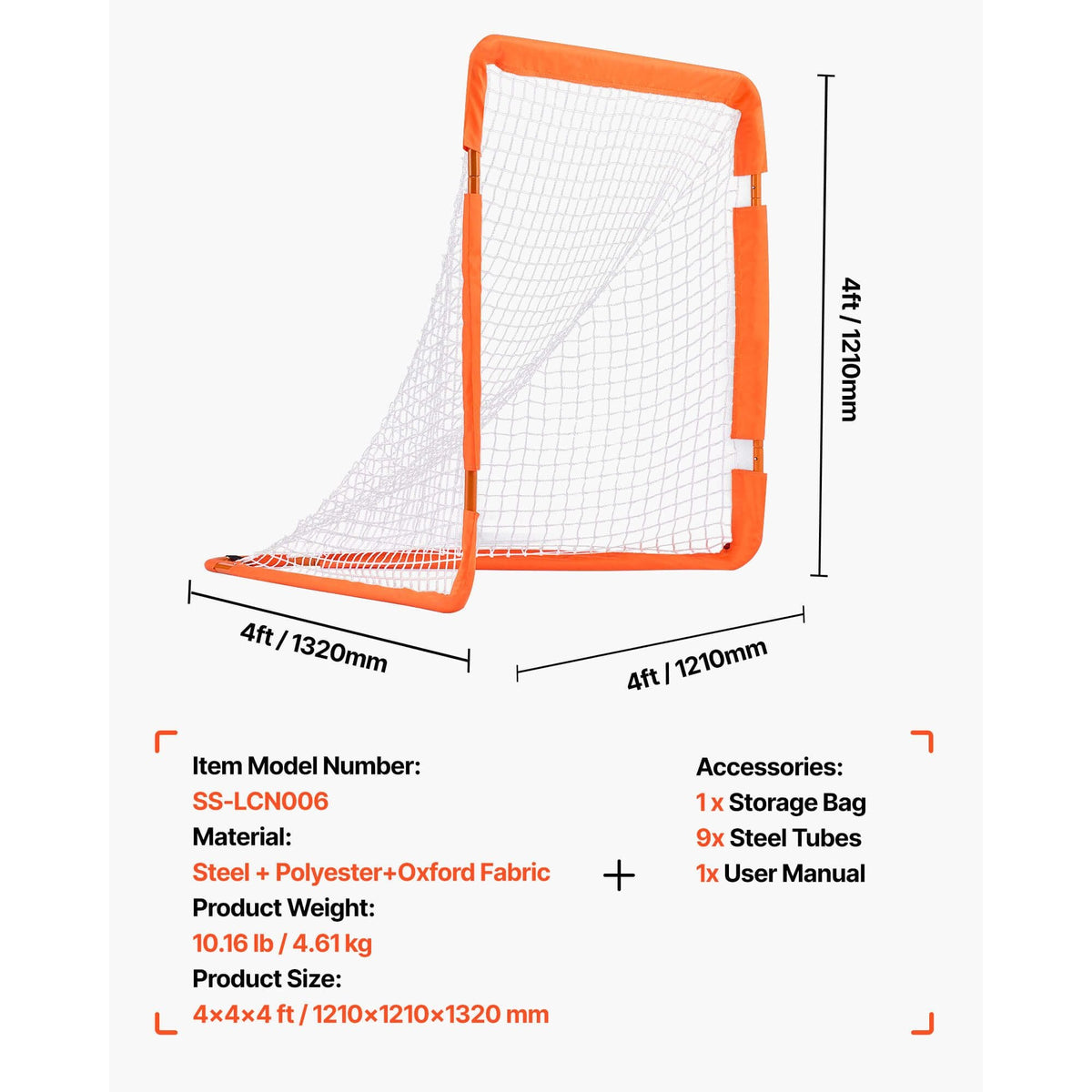 Lacrosse Goal, 4' x 4' Small Kids Lacrosse Net, Folding Portable Lacrosse Goal with Carry Bag, Iron Frame Backyard Training Equipment, Quick & Easy Setup, Perfect for Youth Training, Orange