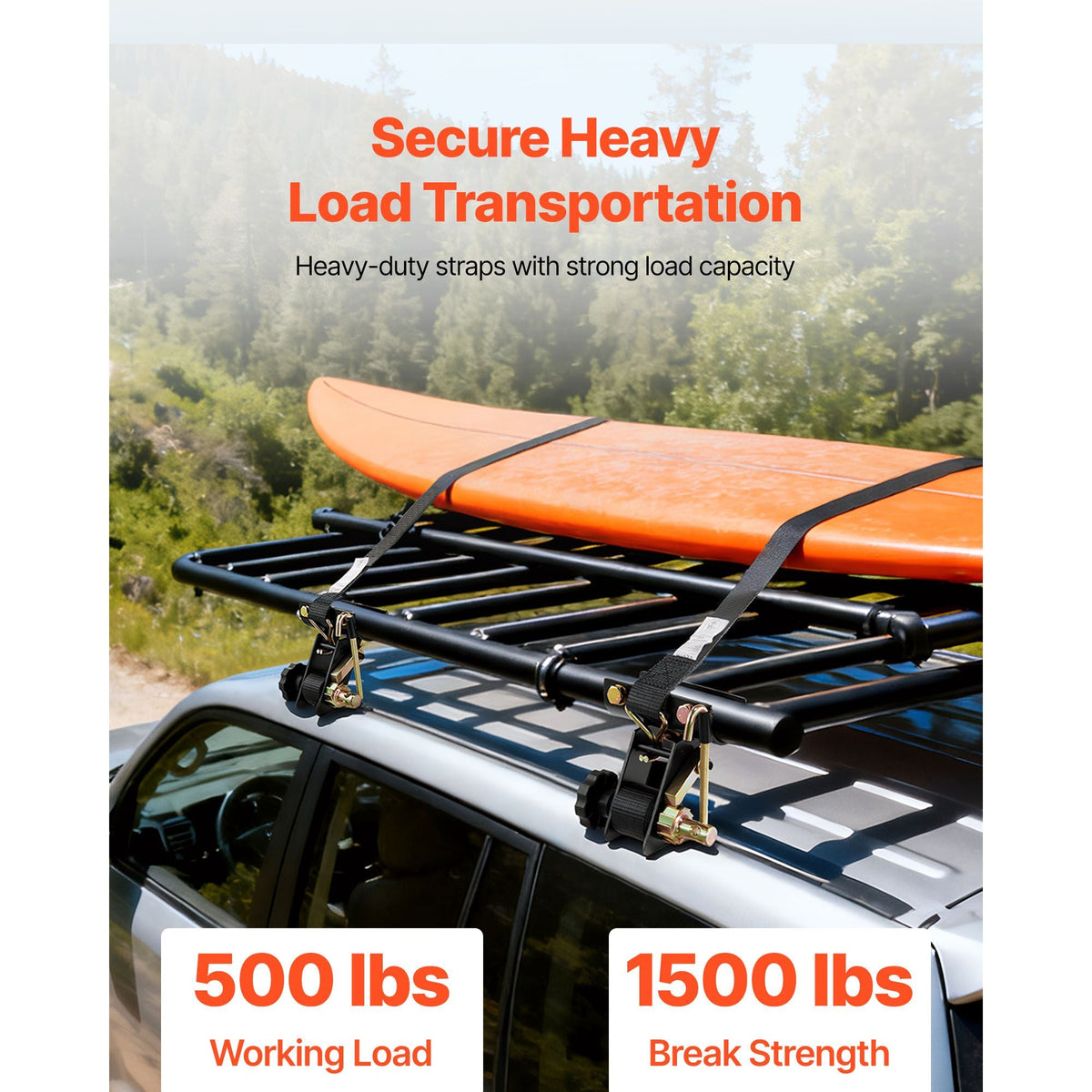 Ladder Rack Ratchet Straps, 1.87-2 in Black Round Tube Mount, 1.5 in Wide x 7.4 ft Long Black Ladder Rack Straps with Double J-Hooks, 500 lbs Load Heavy Duty, Cargo Buckle Lock Strap (4 Pack)