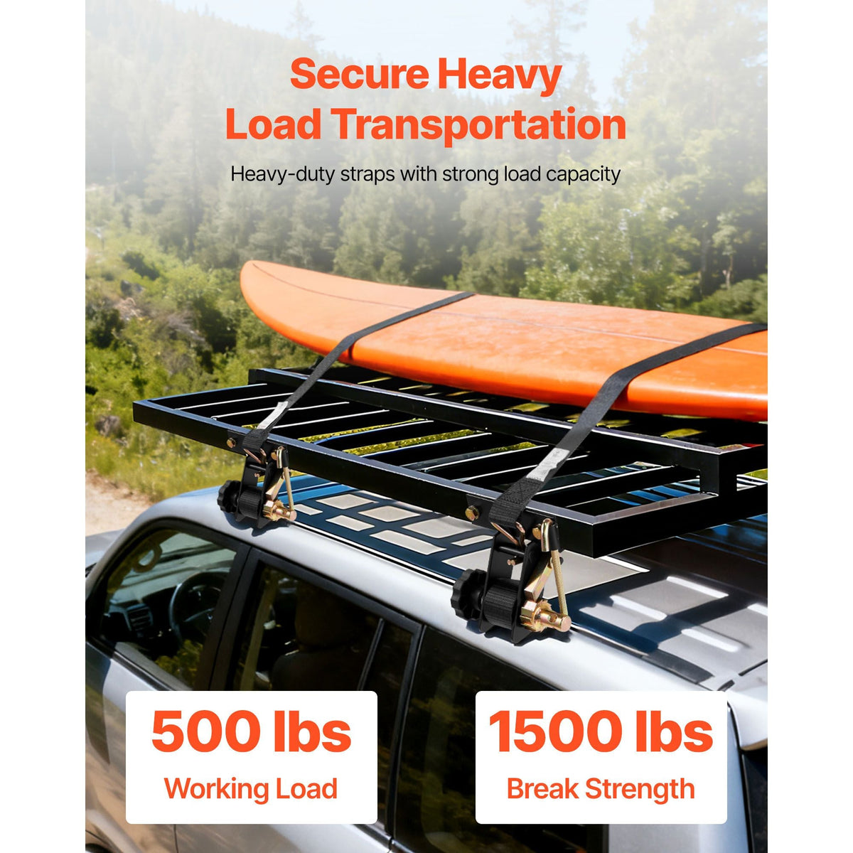 Ladder Rack Ratchet Straps, Black Square Tube Mount, 1.5 in Wide x 7.4 ft Long Black Ladder Rack Straps with Double J-Hooks, 500 lbs Load Heavy Duty, Cargo Buckle Lock Strap (2 Pack)