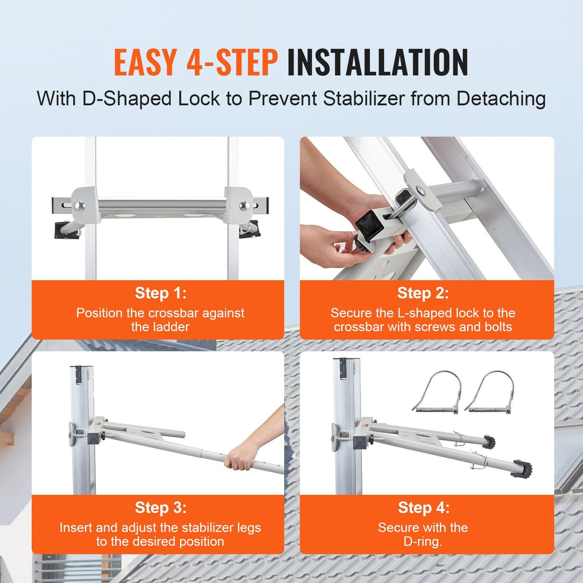 Ladder Stabilizer, Adjustable Feet Extension Ladder Standoff, Heavy Duty Wall Ladder Accessories for Roof Gutter, Easy to Use & Wide Adaptability & Anti-slip Rubber Feet, 330 lbs Weight Rating