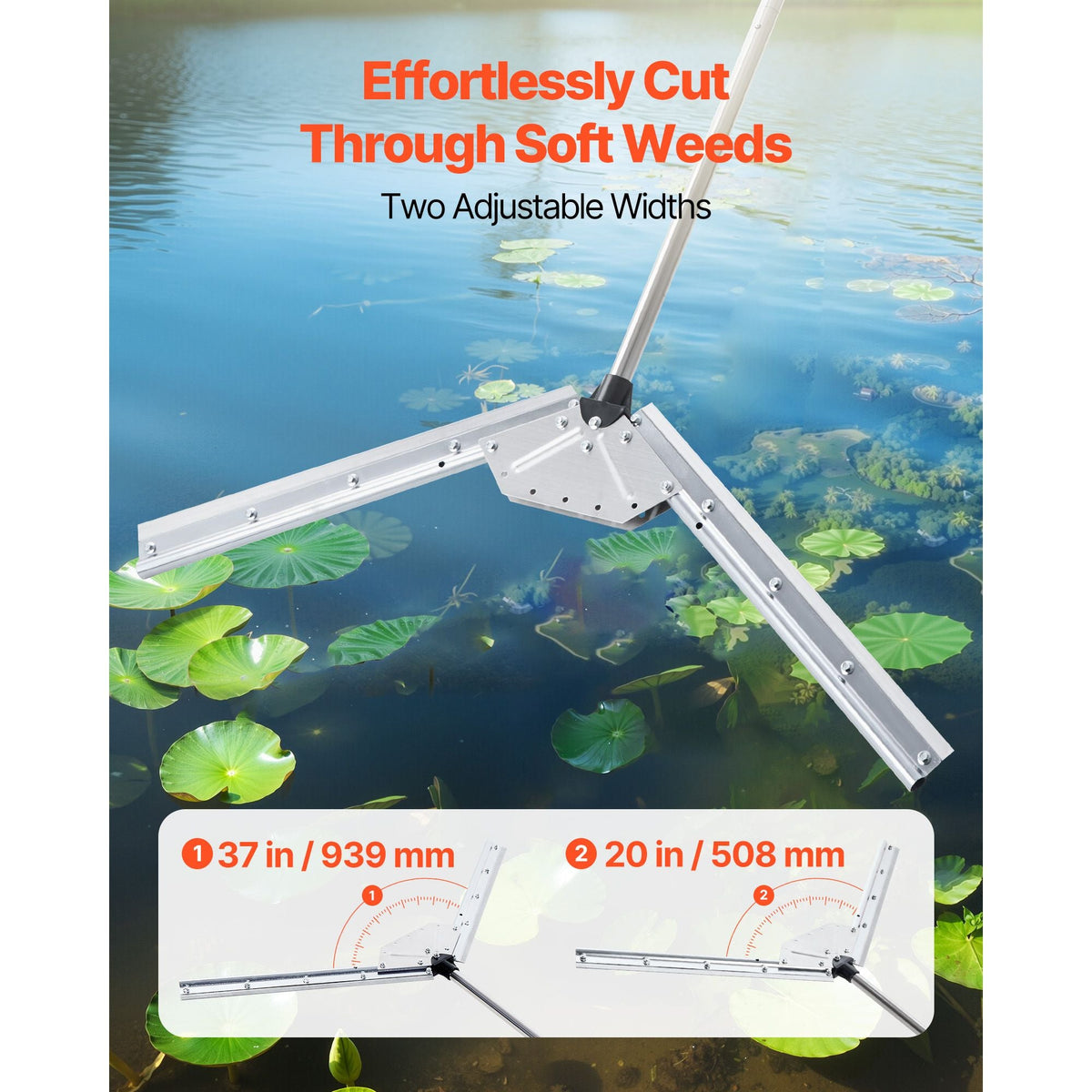 Lake Weed Cutter, Pond Aquatic Plant Cutting Tool with 37 in Max. Cut Width, Sharp and Heavy-Duty Steel Blades, Pond Rake with 30 ft Throw Rope, for Cattail, Phragmites, Lilly Pads & Chara