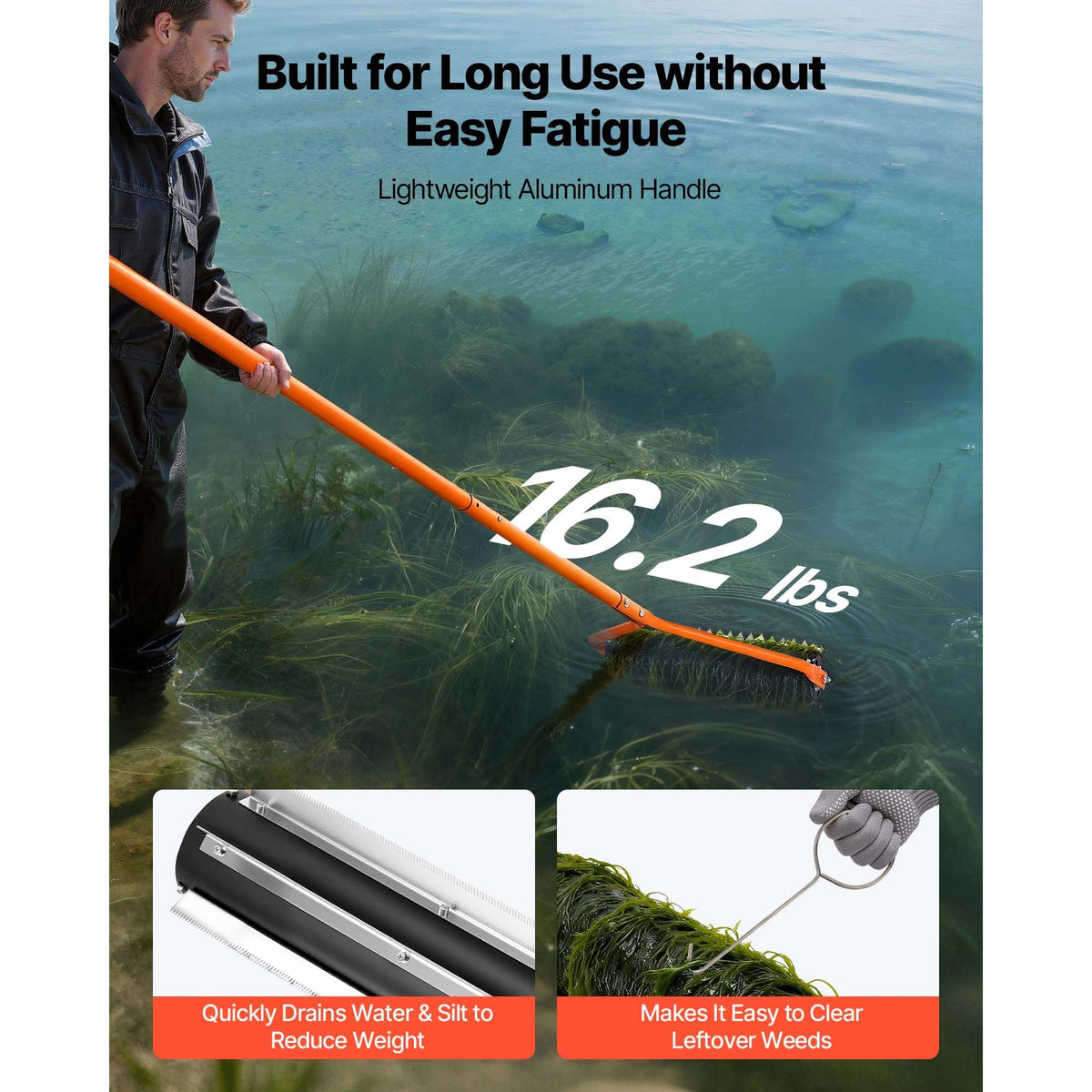 Lake Weed Roller, 14.1 ft Stainless Steel Lake & Pond Weed Removal Tool, Muck Razer Aquatic & Sludge Tiller, Rid Roots and Muck Buildup, 6 Preassembled Stainless Steel Blades, 4 Aluminum Handles