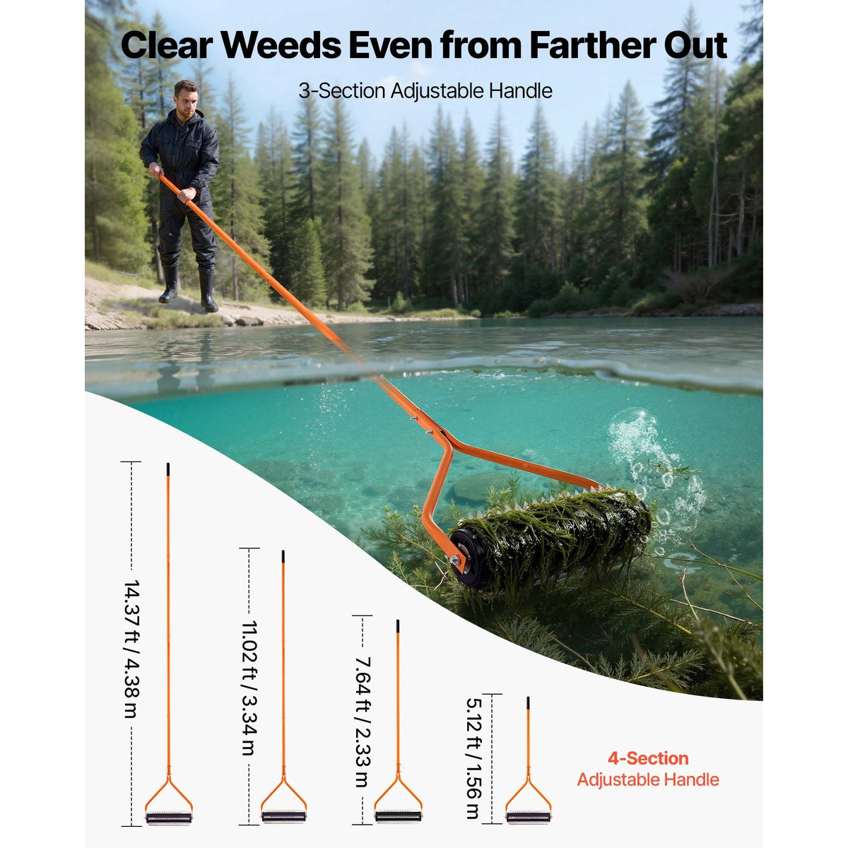 Lake Weed Roller, 14.1 ft Stainless Steel Lake & Pond Weed Removal Tool, Muck Razer Aquatic & Sludge Tiller, Rid Roots and Muck Buildup, 6 Preassembled Stainless Steel Blades, 4 Aluminum Handles