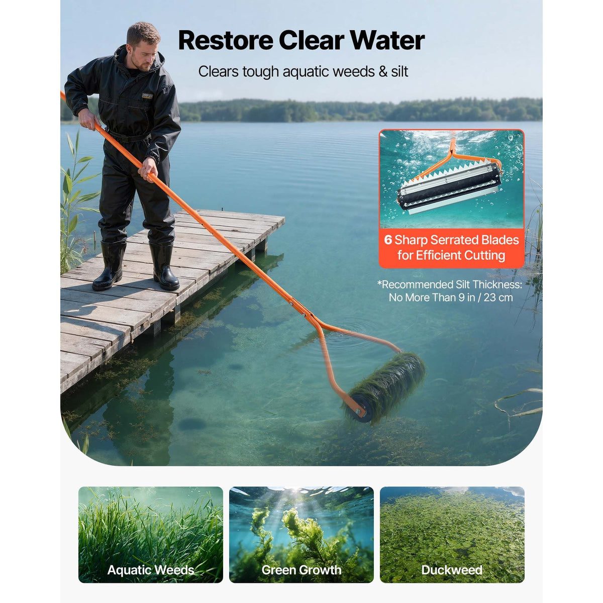 Lake Weed Roller, 14.1 ft Stainless Steel Lake & Pond Weed Removal Tool, Muck Razer Aquatic & Sludge Tiller, Rid Roots and Muck Buildup, 6 Preassembled Stainless Steel Blades, 4 Aluminum Handles