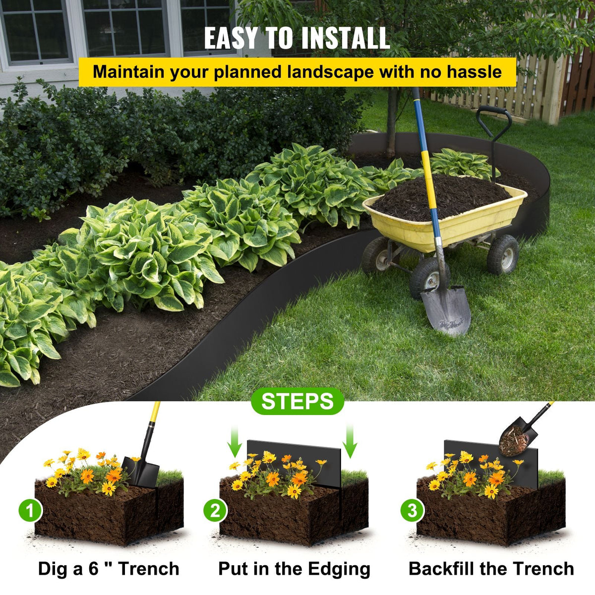 Landscape Edging, 10 inch Depth 300 ft Total Length, Recycled HDPE Coiled Terrace Board, Flexible Bender Border for Landscaping, Lawn, Garden, Yard, Against Invading Weeds, Black