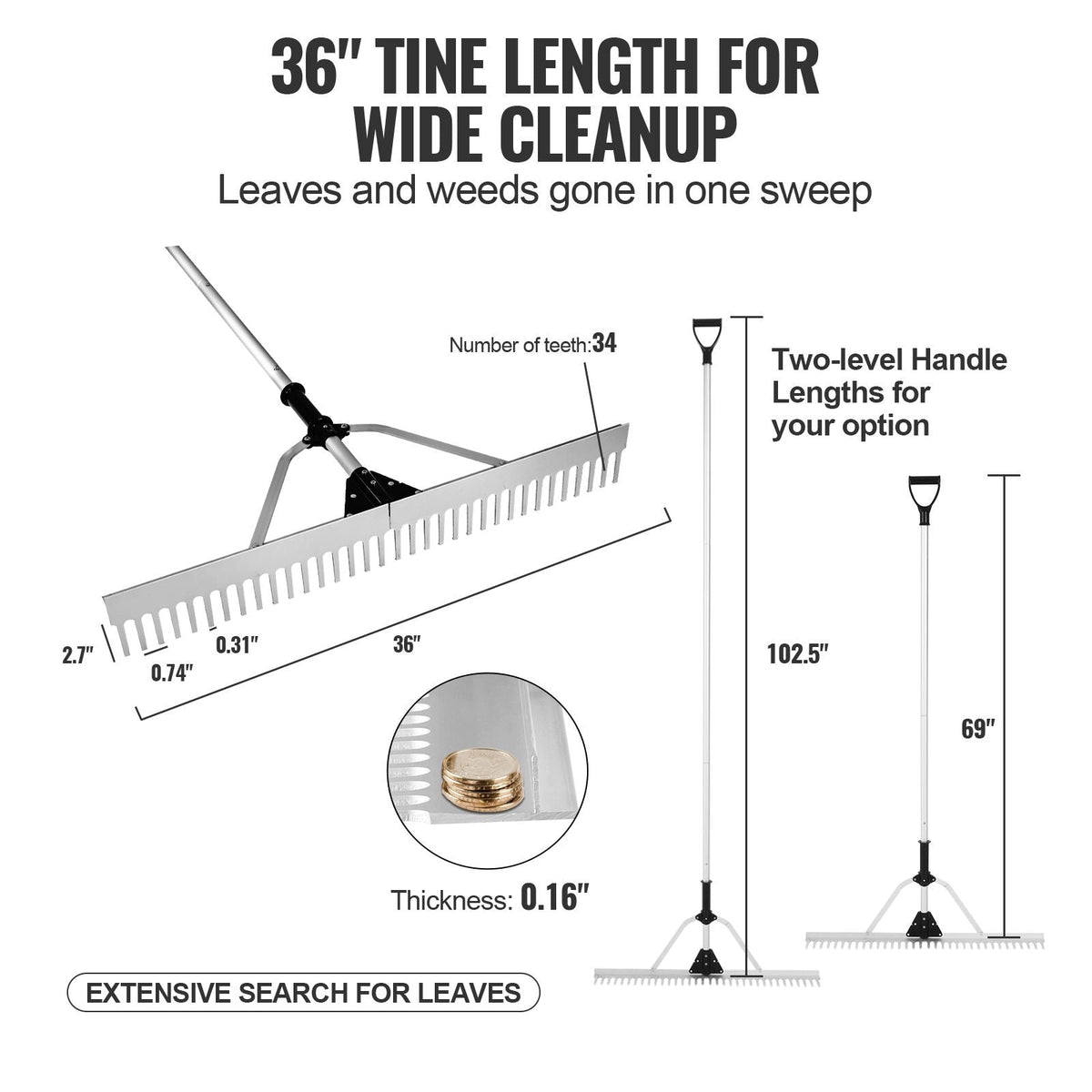 Landscape Rake, 36" Head Aluminum Landscape Rake, Lake Weed Rake with 102.36" Adjustable Extension Handle, Rope and Float, for Loosening Soil, Lawn Care, Weeding Lake, Garden, Pond
