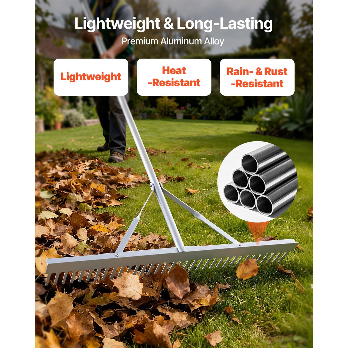 Landscape Rake, 36 inch Wide Head 133 inch Handle, Large Heavy Duty Aluminum Landscaping Leaf Rake Tool, Asphalt Level for Loosening Soil, Garden & Yard, Pond Gravel & Beach Lawn Care, 52ft Rope