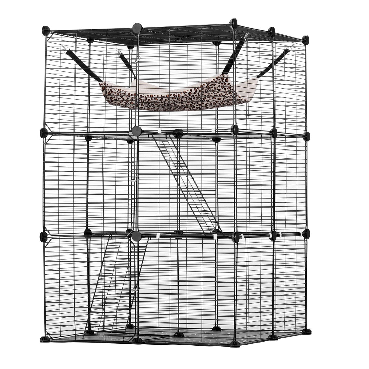 Large 3-tier Cat Cage, 28 x 28 x 41", DIY Detachable Metal Wire Durable Cat Enclosure, with Large Hammock 2 Ramp Ladders, Fit for Cats Exercise Indoor & Outdoor, Ease of Assembly, Black