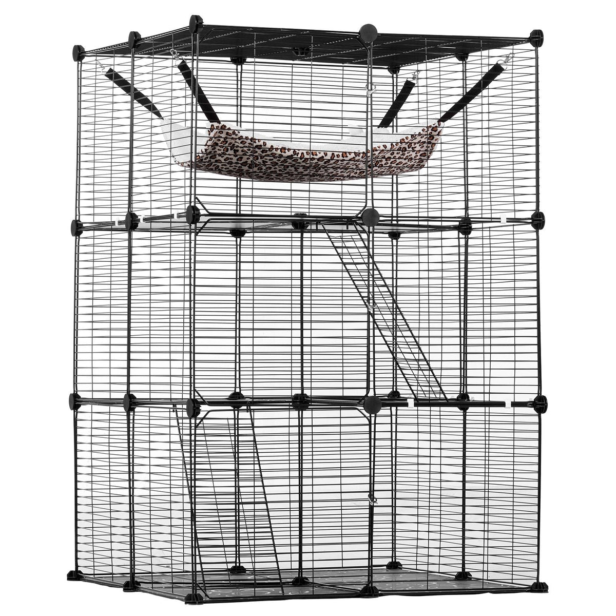 Large 3-tier Cat Cage, 28 x 28 x 41", DIY Detachable Metal Wire Durable Cat Enclosure, with Large Hammock 2 Ramp Ladders, Fit for Cats Exercise Indoor & Outdoor, Ease of Assembly, Black