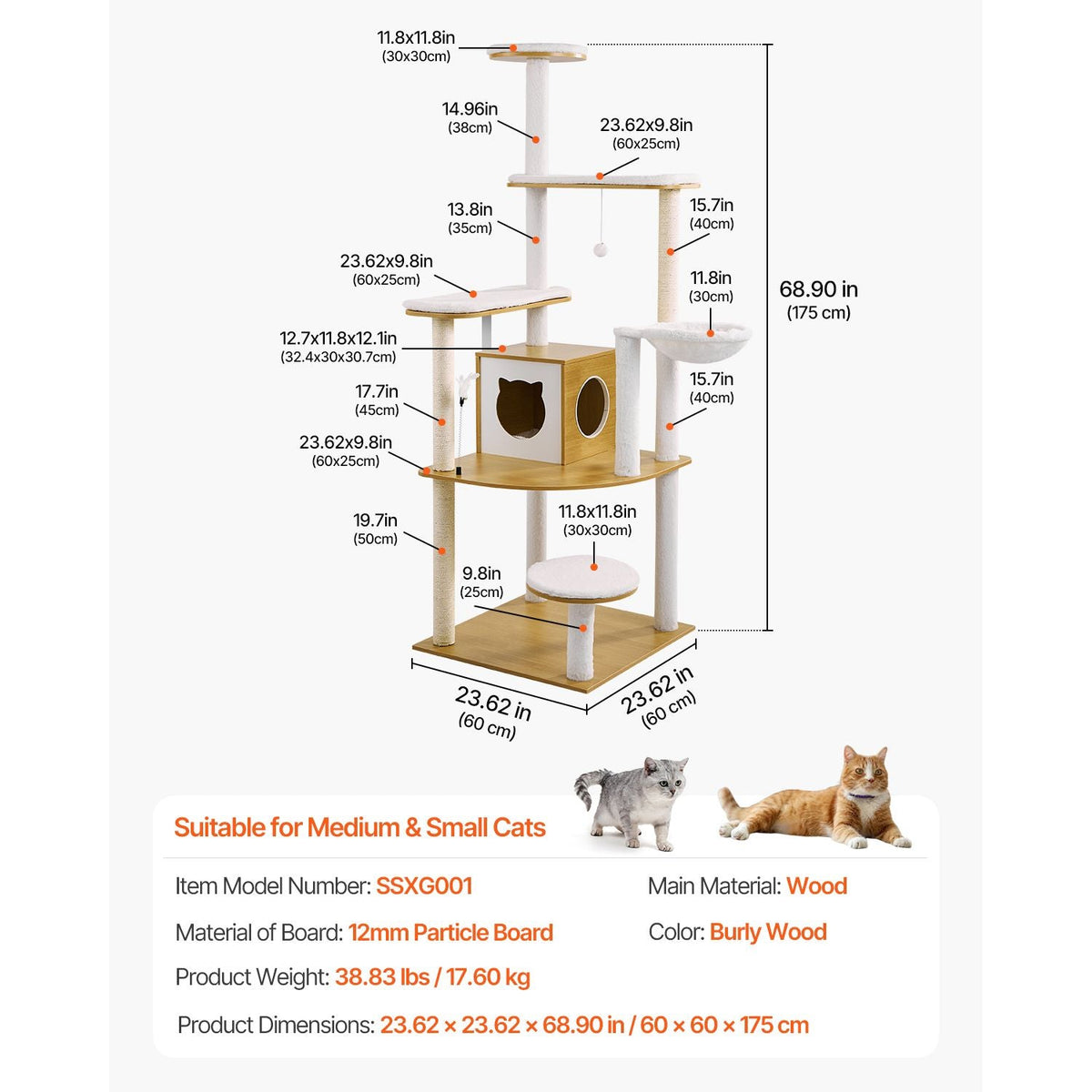 Large Cat Tree, 68.9 inches Tall, Cat Tower, Multi-level Cat Condo Furniture Activity Center with Cozy Perches, Sisal Scratching Posts, Hammock, Big Kittens House for Indoor Cats Play & Rest
