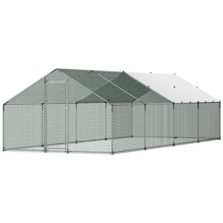 Large Metal Chicken Coop, 9.8 x 26.2 x 6.6 ft, Walk-in Chicken Runs with Waterproof Cover, Spire Roof Hen House Enclosure with Lock, Outdoor Duck Rabbit Cage Poultry Pen for Backyard, Farm, Yard