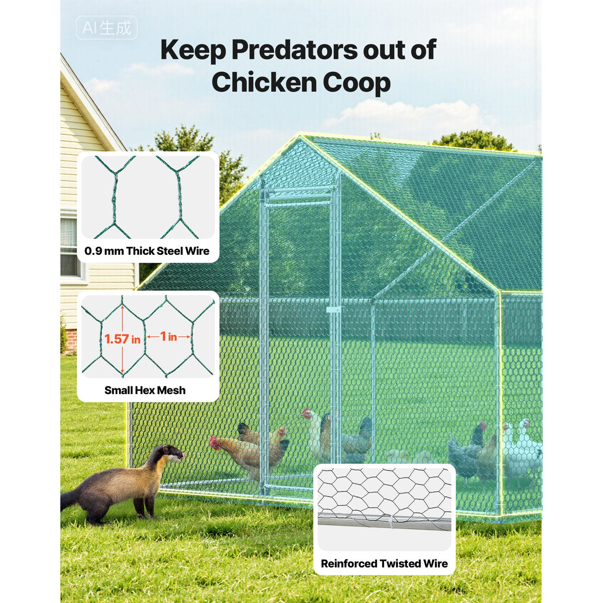 Large Metal Chicken Coop, 9.8 x 26.2 x 6.6 ft, Walk-in Chicken Runs with Waterproof Cover, Spire Roof Hen House Enclosure with Lock, Outdoor Duck Rabbit Cage Poultry Pen for Backyard, Farm, Yard