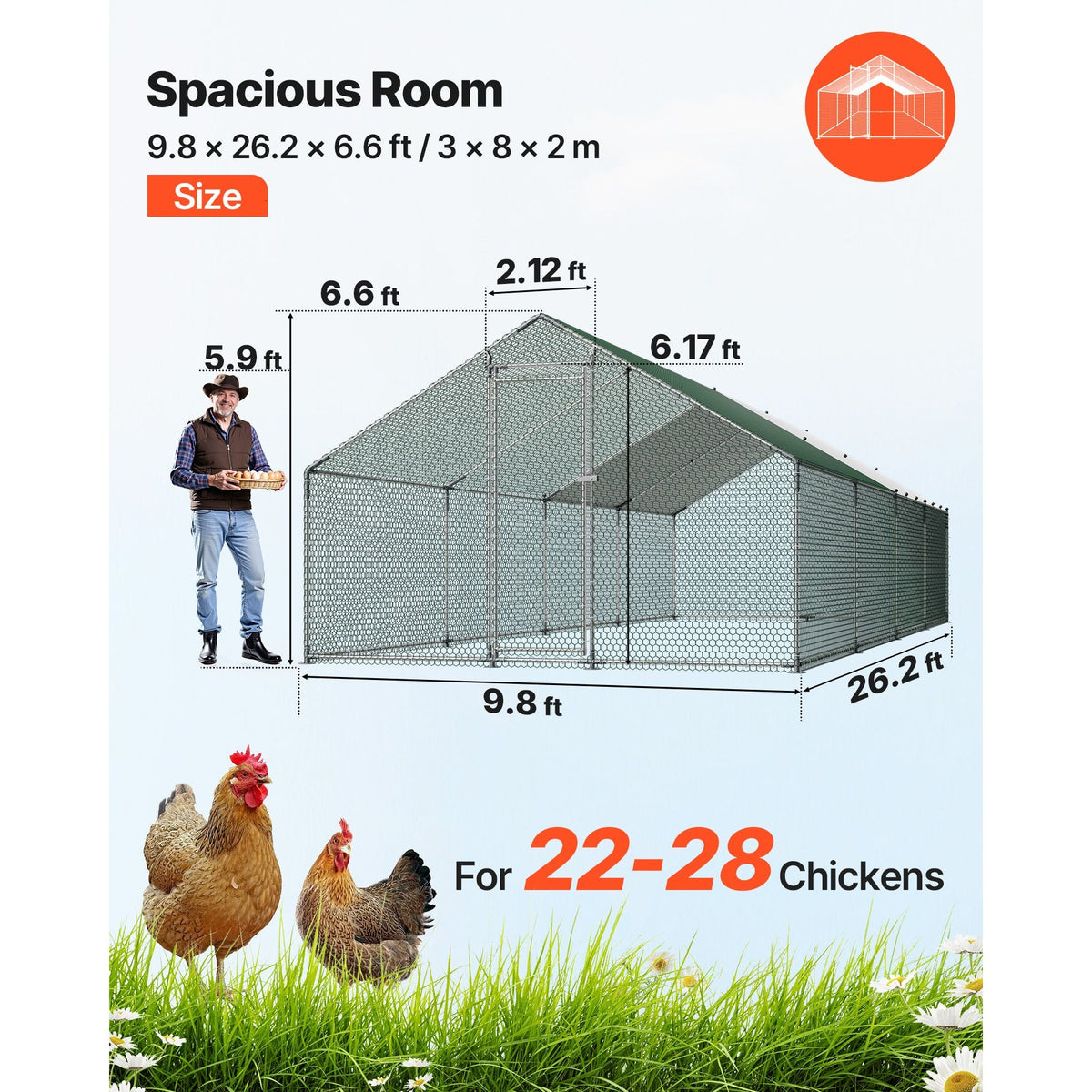 Large Metal Chicken Coop, 9.8 x 26.2 x 6.6 ft, Walk-in Chicken Runs with Waterproof Cover, Spire Roof Hen House Enclosure with Lock, Outdoor Duck Rabbit Cage Poultry Pen for Backyard, Farm, Yard