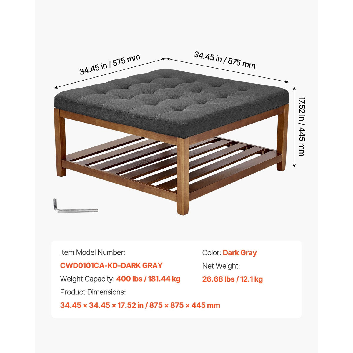 Large Square Ottoman Coffee Table, 34.5 Inch Tufted Coffee Table with Solid Wood Shelf Storage, Linen Solid Upholstered Footrest Ottoman for Bedroom Living Room, 400 LBS, Dark Gray
