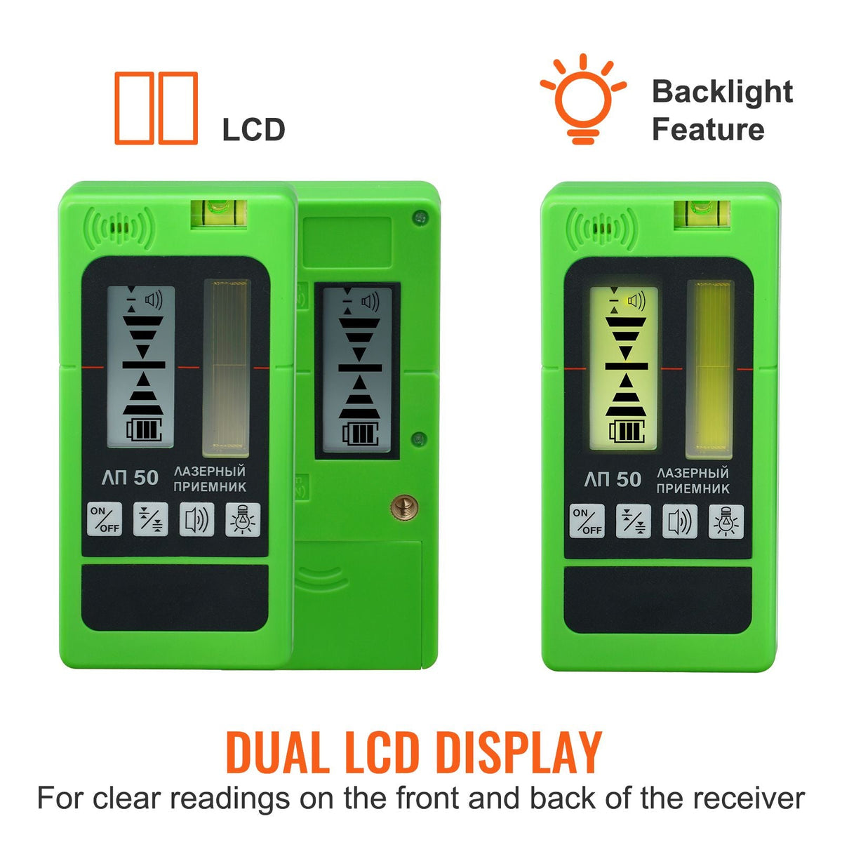 Laser Receiver, 197 ft Working Range, Green Laser and Red Beam Detector for Pulsing Line Lasers, Customizable Speaker & Dual LCD Display & Built-In Bubble Level with Clamp for Laser Level