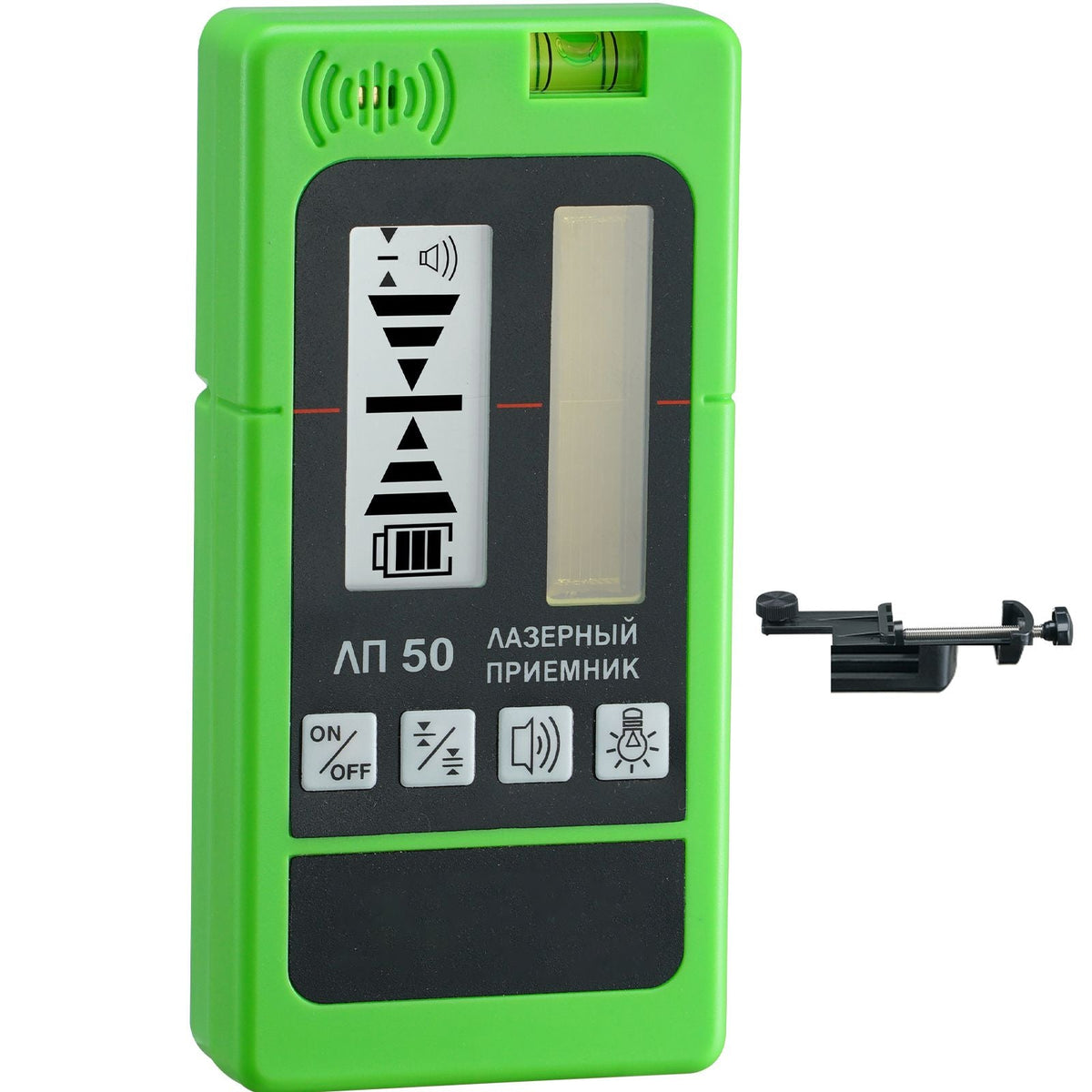 Laser Receiver, 197 ft Working Range, Green Laser and Red Beam Detector for Pulsing Line Lasers, Customizable Speaker & Dual LCD Display & Built-In Bubble Level with Clamp for Laser Level