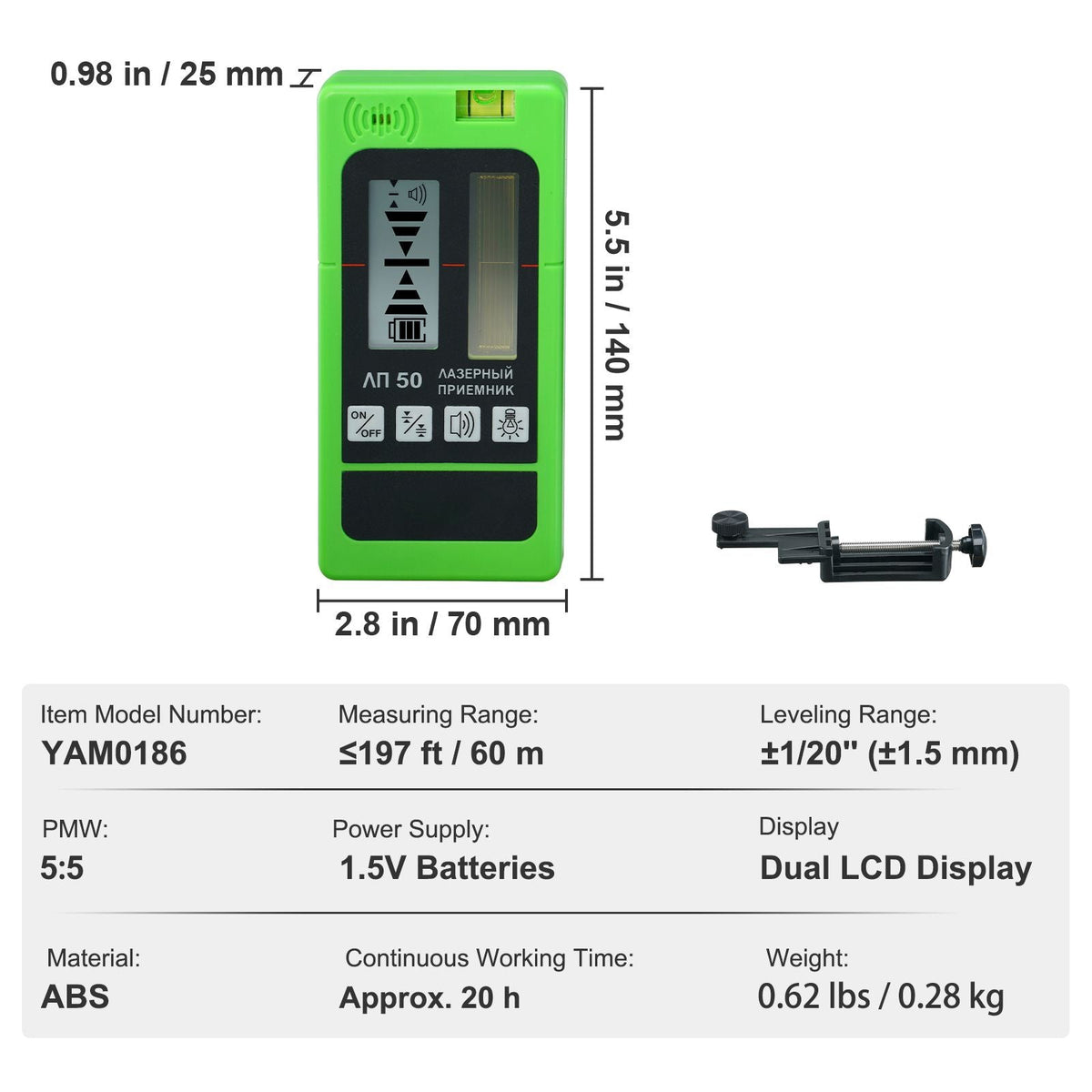 Laser Receiver, 197 ft Working Range, Green Laser and Red Beam Detector for Pulsing Line Lasers, Customizable Speaker & Dual LCD Display & Built-In Bubble Level with Clamp for Laser Level