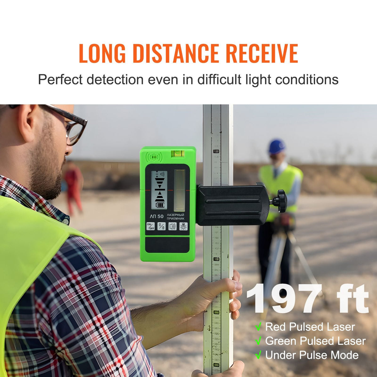 Laser Receiver, 197 ft Working Range, Green Laser and Red Beam Detector for Pulsing Line Lasers, Customizable Speaker & Dual LCD Display & Built-In Bubble Level with Clamp for Laser Level