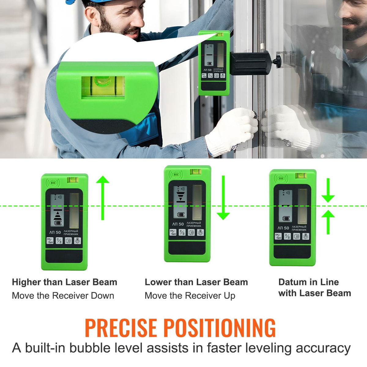 Laser Receiver, 197 ft Working Range, Green Laser and Red Beam Detector for Pulsing Line Lasers, Customizable Speaker & Dual LCD Display & Built-In Bubble Level with Clamp for Laser Level