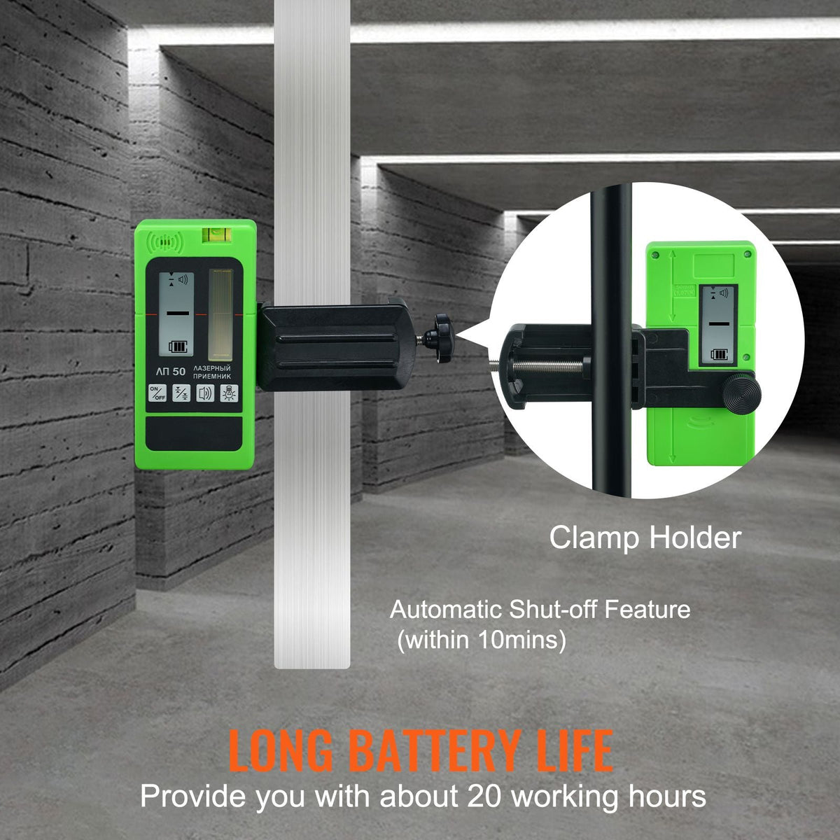 Laser Receiver, 197 ft Working Range, Green Laser and Red Beam Detector for Pulsing Line Lasers, Customizable Speaker & Dual LCD Display & Built-In Bubble Level with Clamp for Laser Level