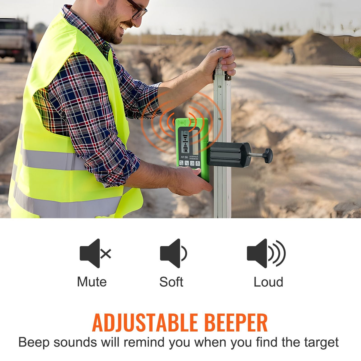 Laser Receiver, 197 ft Working Range, Green Laser and Red Beam Detector for Pulsing Line Lasers, Customizable Speaker & Dual LCD Display & Built-In Bubble Level with Clamp for Laser Level