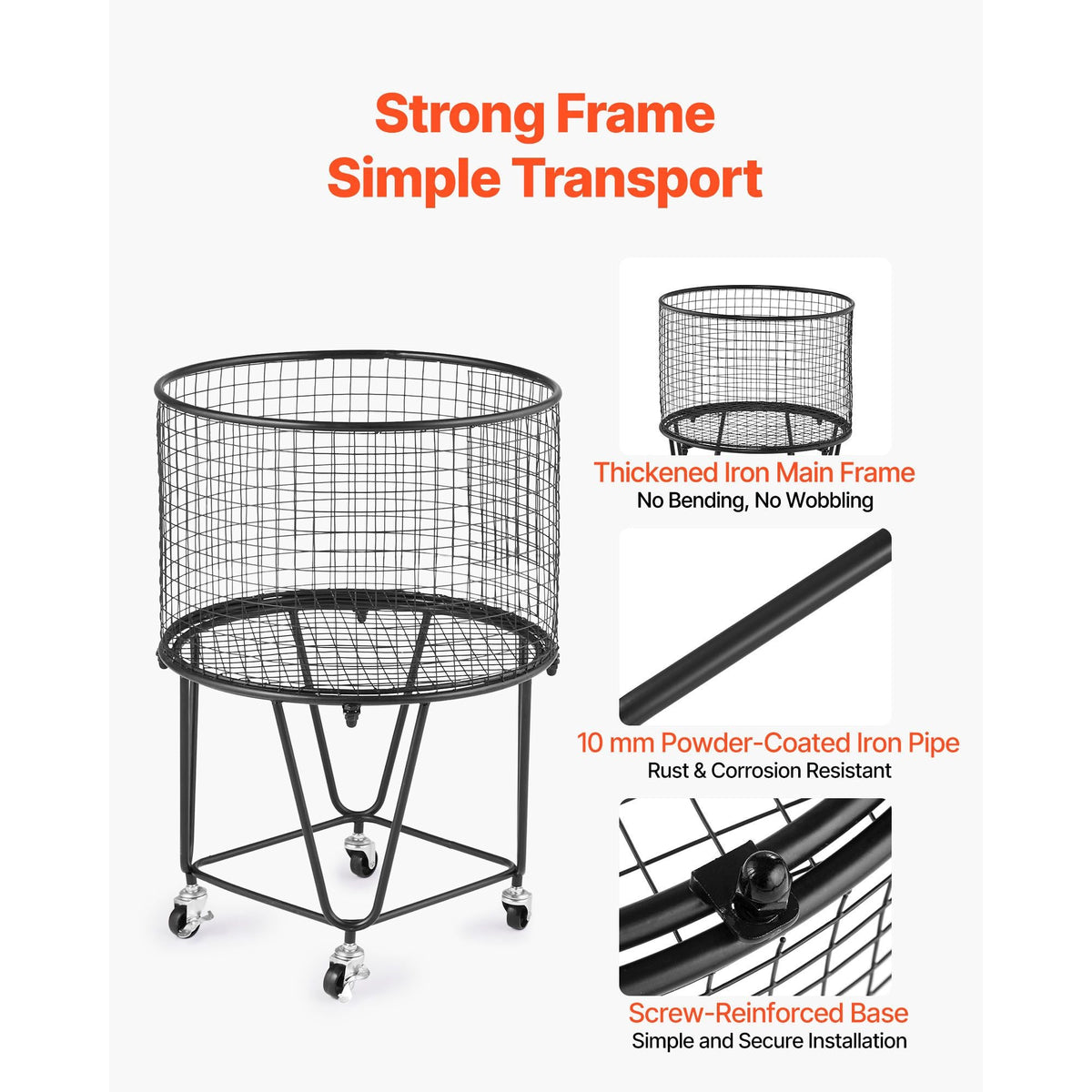 Laundry Cart, Rolling Round Grocery Utility Cart with 360° Swivel Wheels, 60 LBS Large Load Capacity, Heavy Duty Carbon Steel Shopping Basket for Laundry, Shopping, Camping, Grocery, Luggage