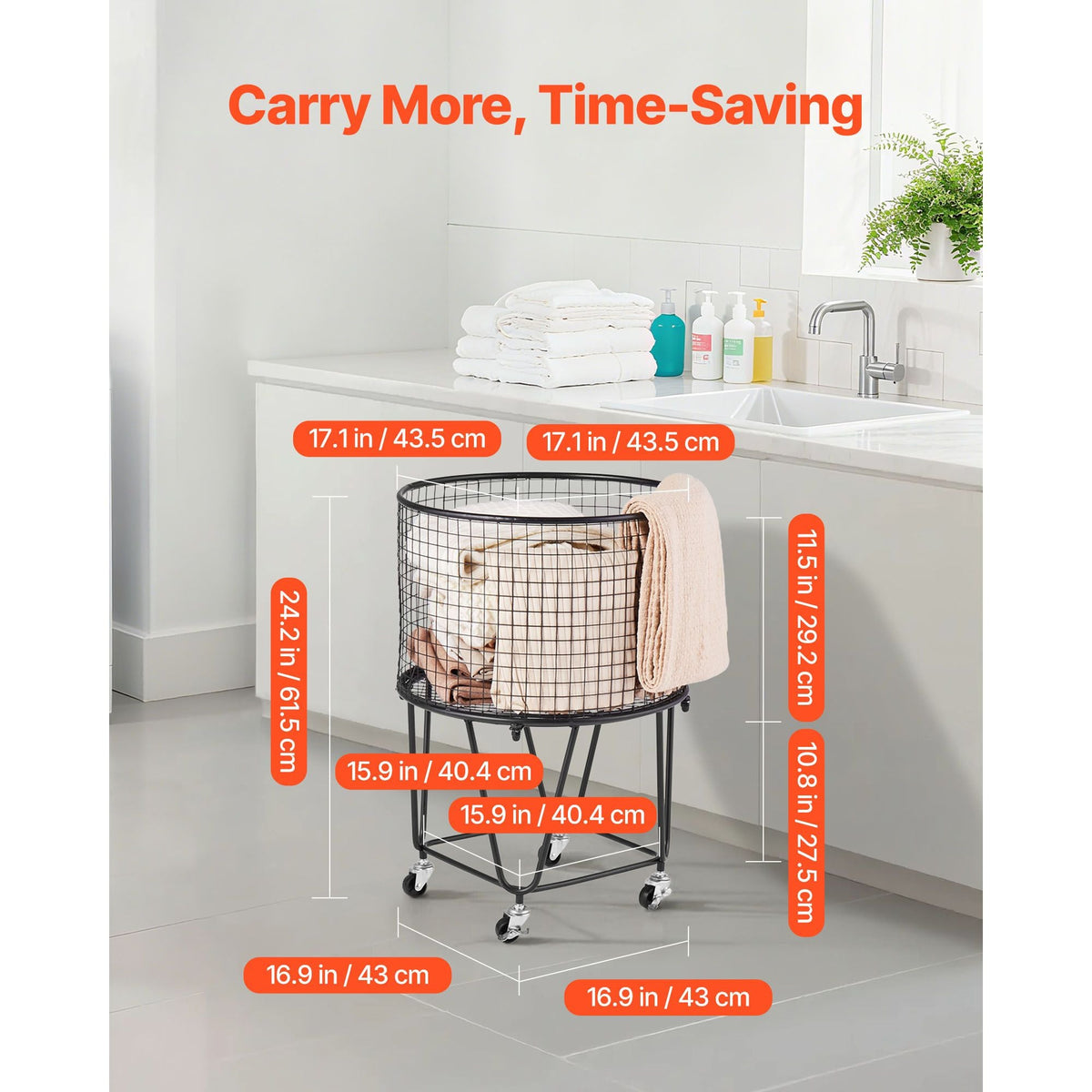 Laundry Cart, Rolling Round Grocery Utility Cart with 360° Swivel Wheels, 60 LBS Large Load Capacity, Heavy Duty Carbon Steel Shopping Basket for Laundry, Shopping, Camping, Grocery, Luggage